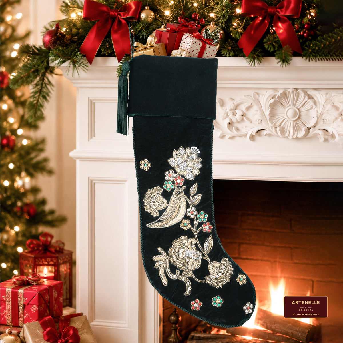 Personalized Green Velvet Christmas Stocking - Handmade Partridge Noel Song Bird