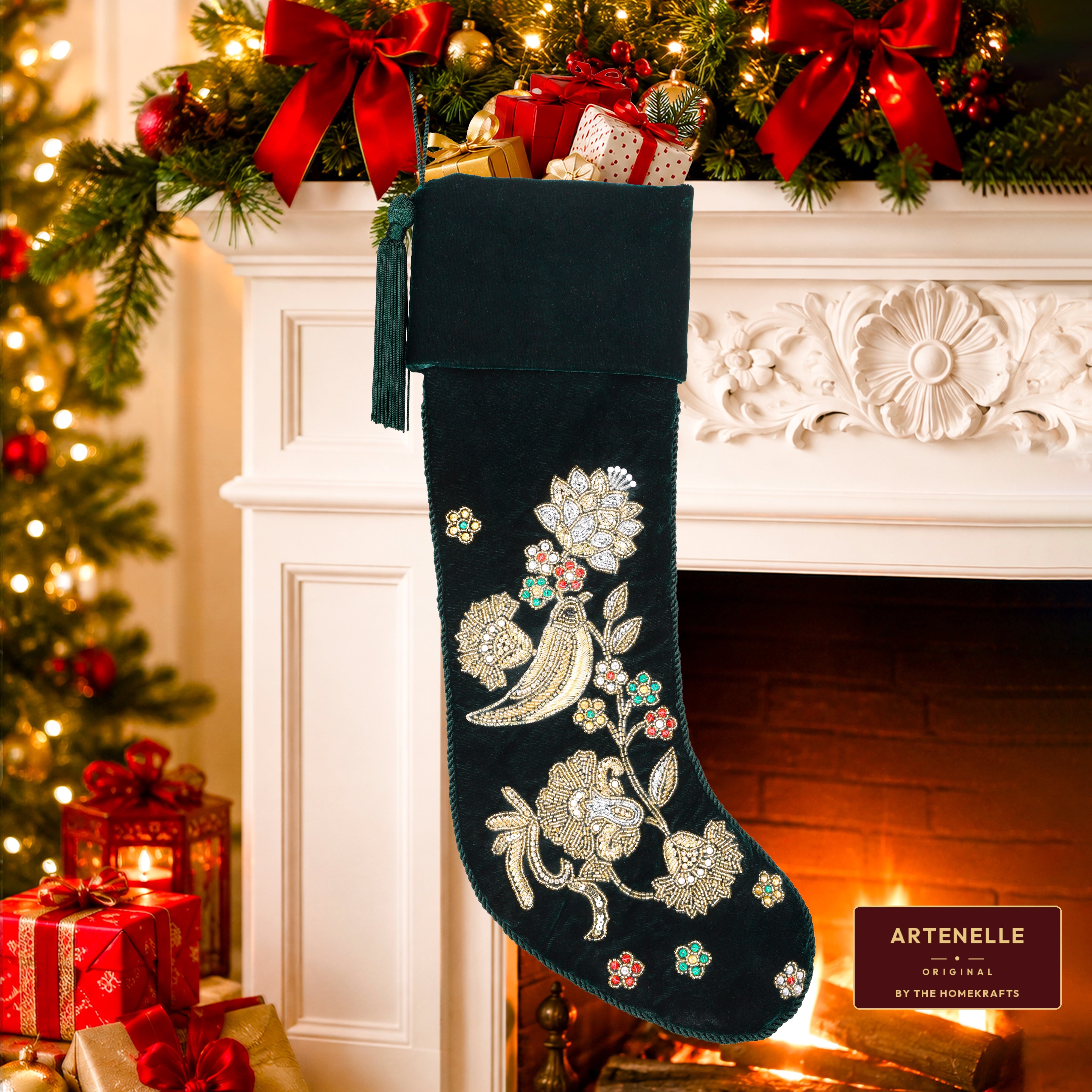 Personalized Green Velvet Christmas Stocking - Handmade Partridge Noel Song Bird