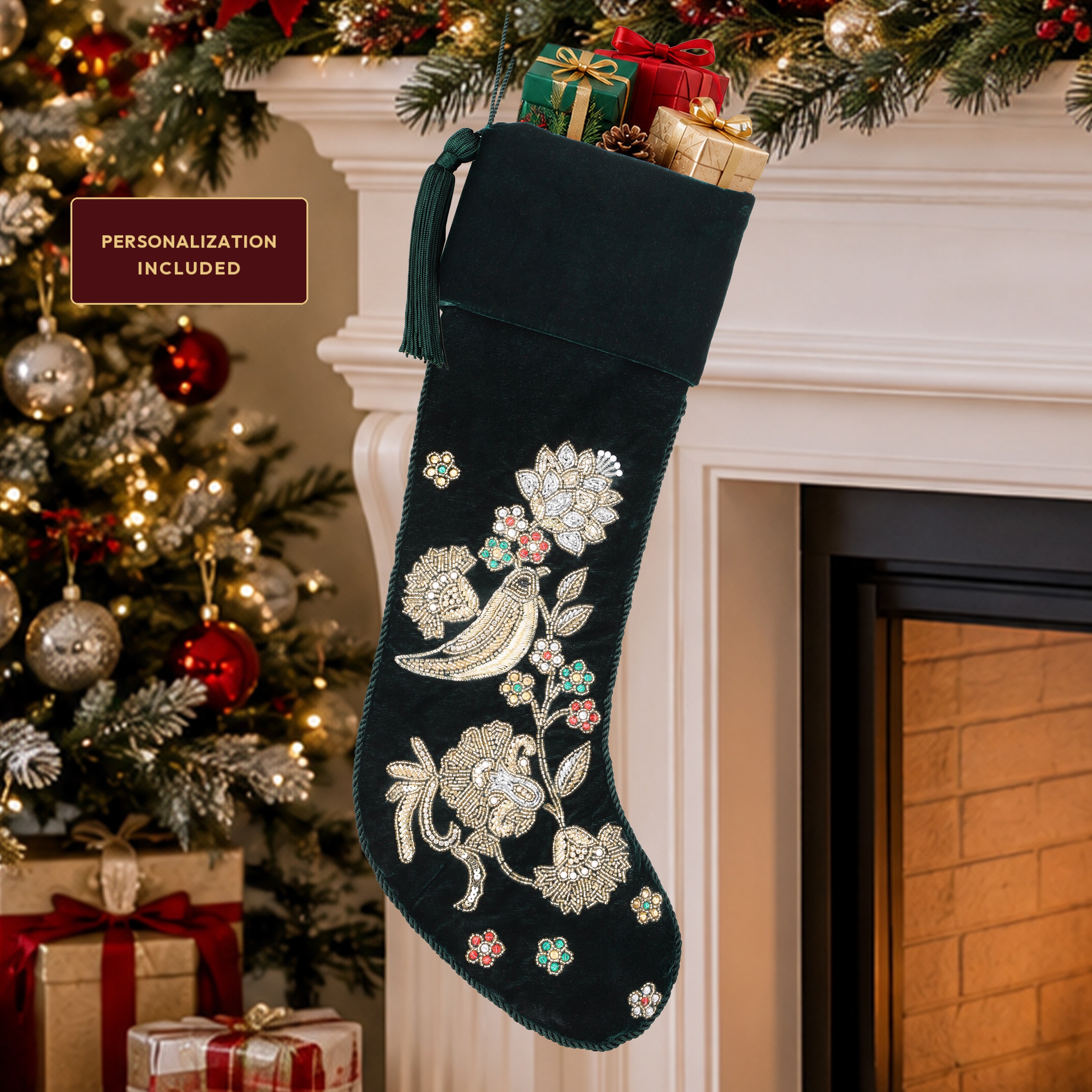 Personalized Green Velvet Christmas Stocking - Handmade Partridge Noel Song Bird