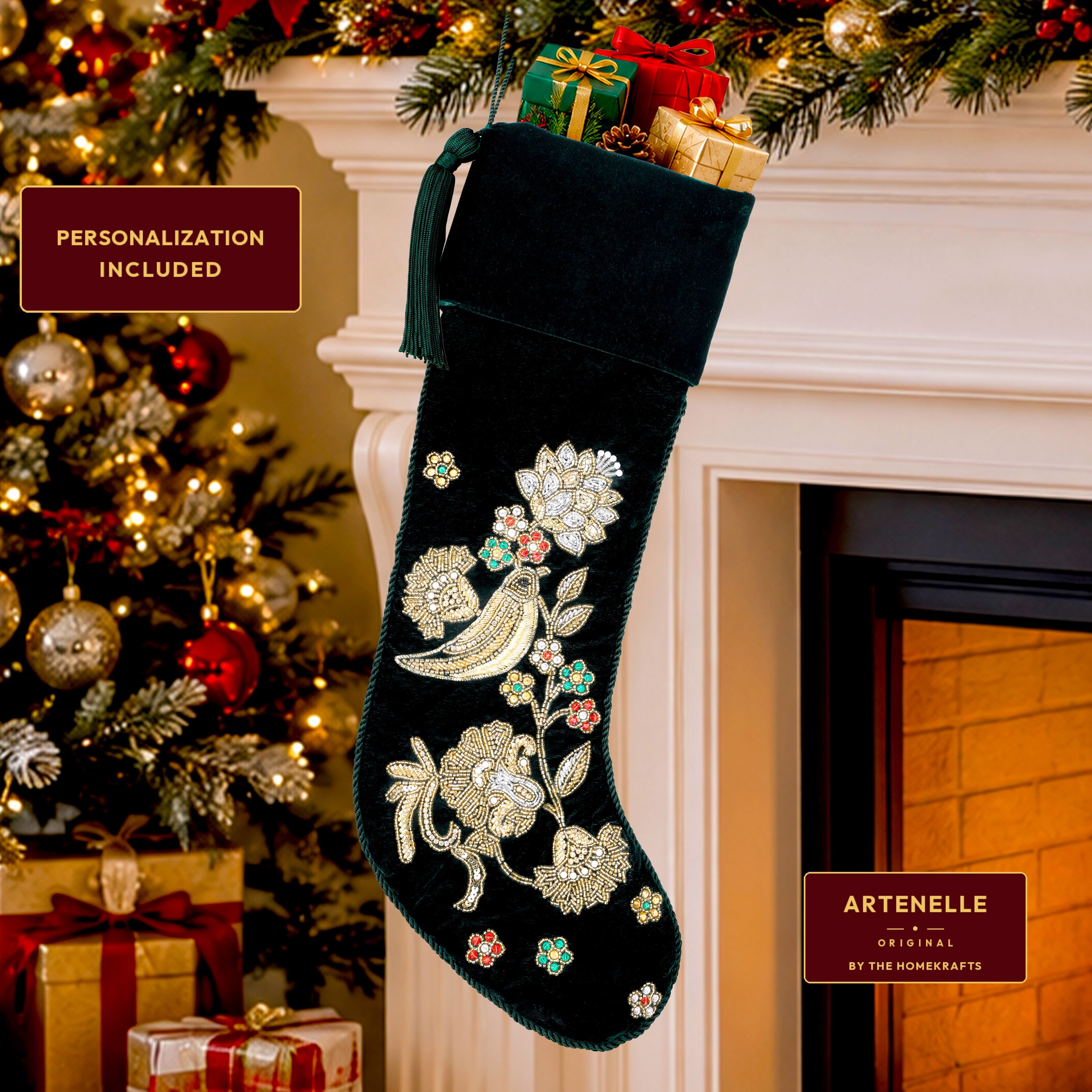 Personalized Green Velvet Christmas Stocking - Handmade Partridge Noel Song Bird