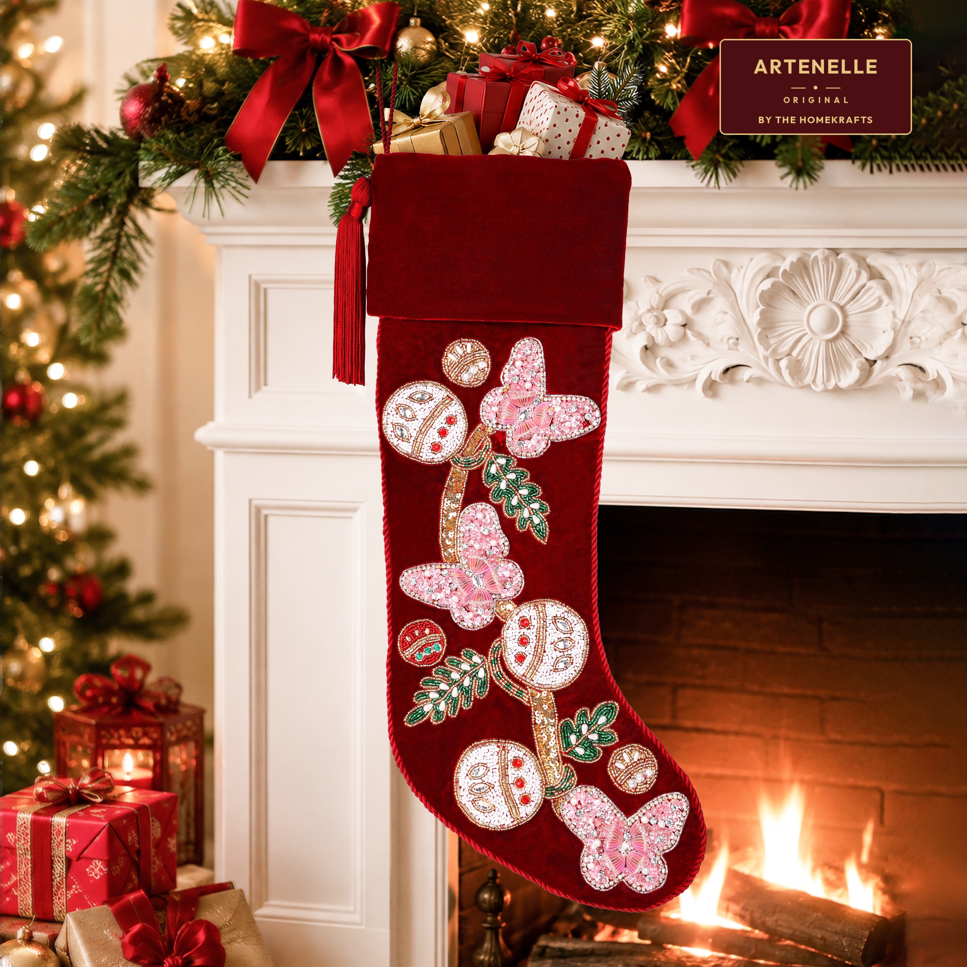 PERSONALISED Butterfly RED VELVET CHRISTMAS STOCKING