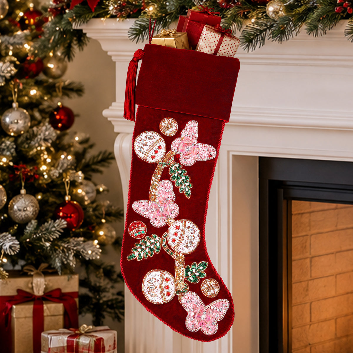 PERSONALISED Butterfly RED VELVET CHRISTMAS STOCKING