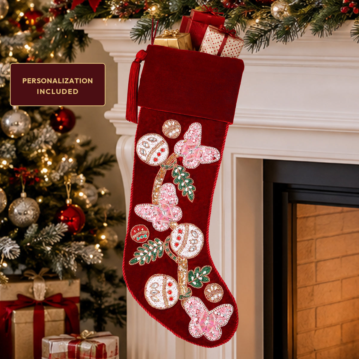 PERSONALISED Butterfly RED VELVET CHRISTMAS STOCKING