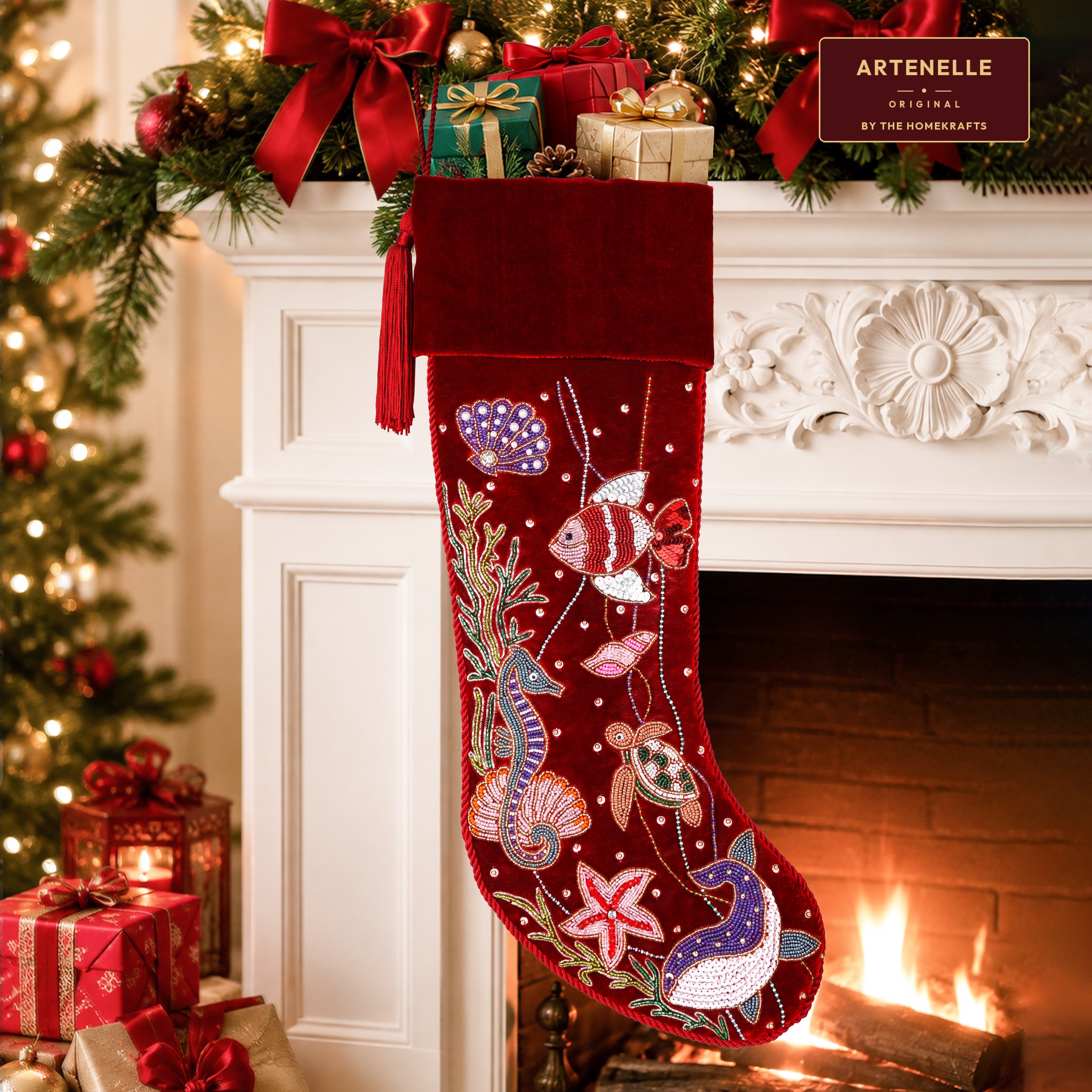 Personalized Beaded Ocean Red Velvet Christmas Stocking