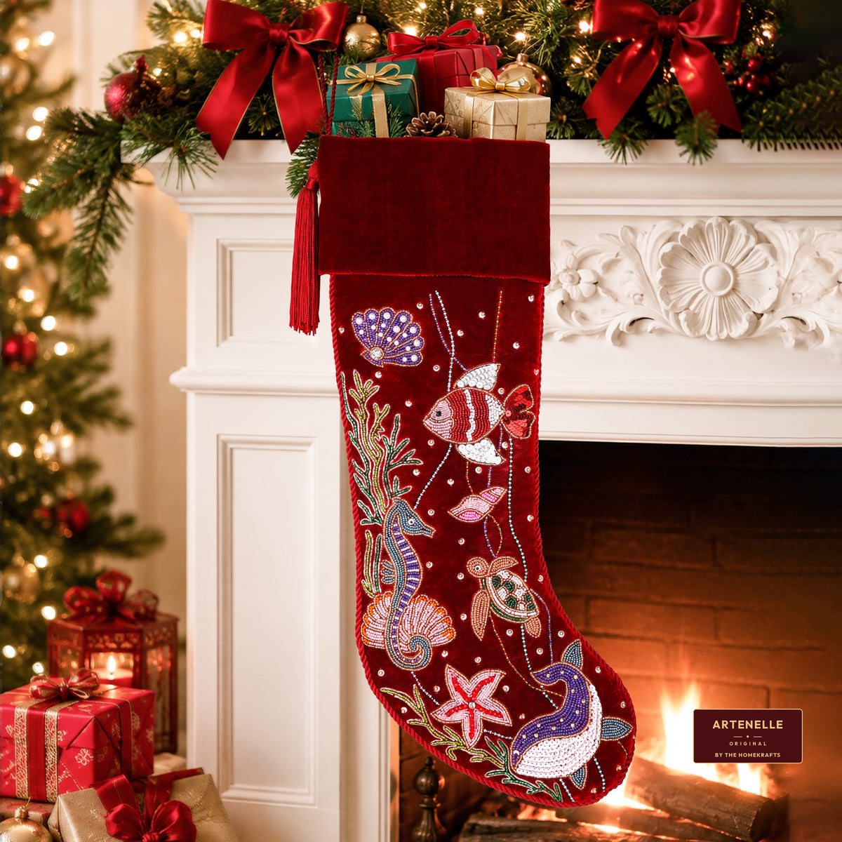 Personalized Beaded Ocean Red Velvet Christmas Stocking