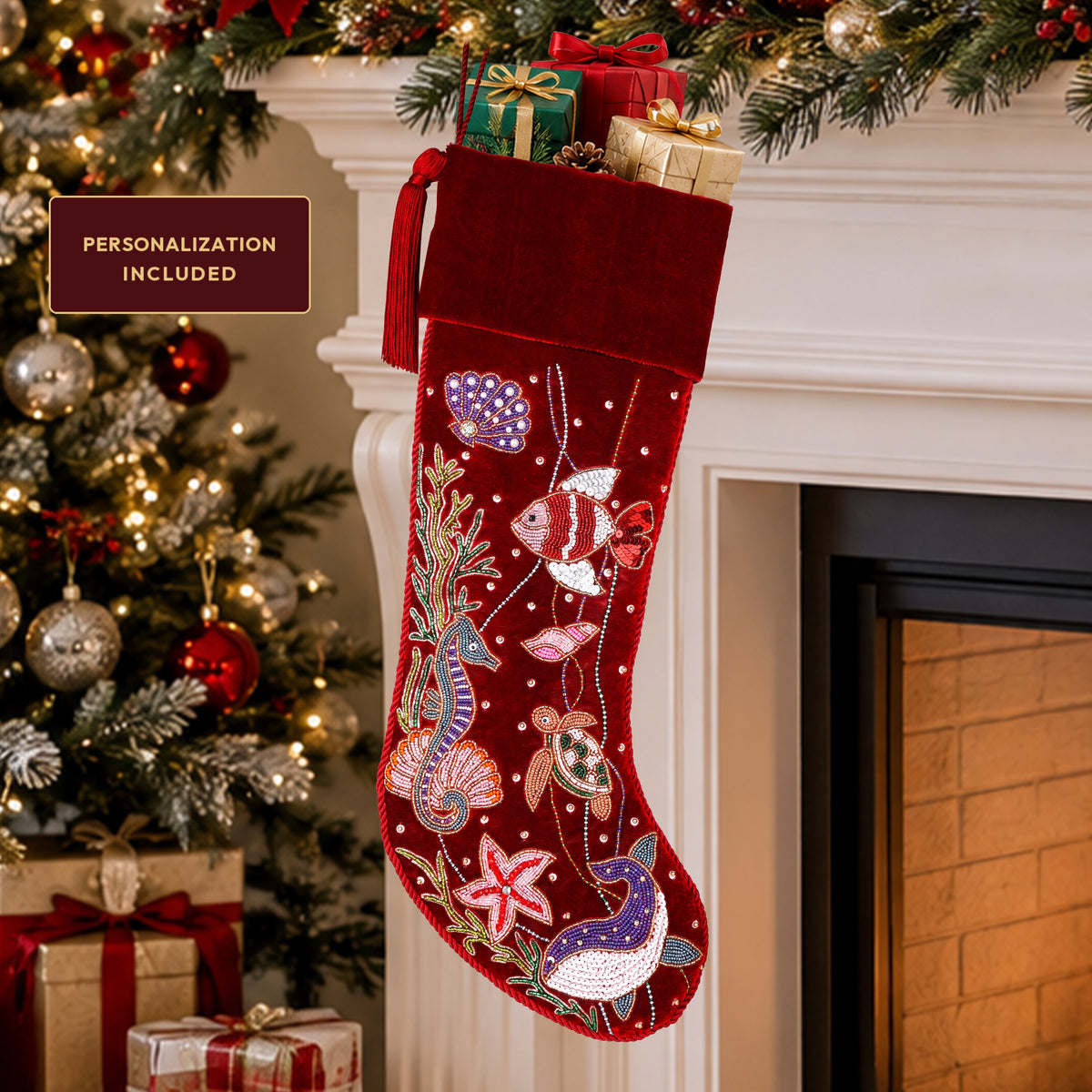 Personalized Beaded Ocean Red Velvet Christmas Stocking