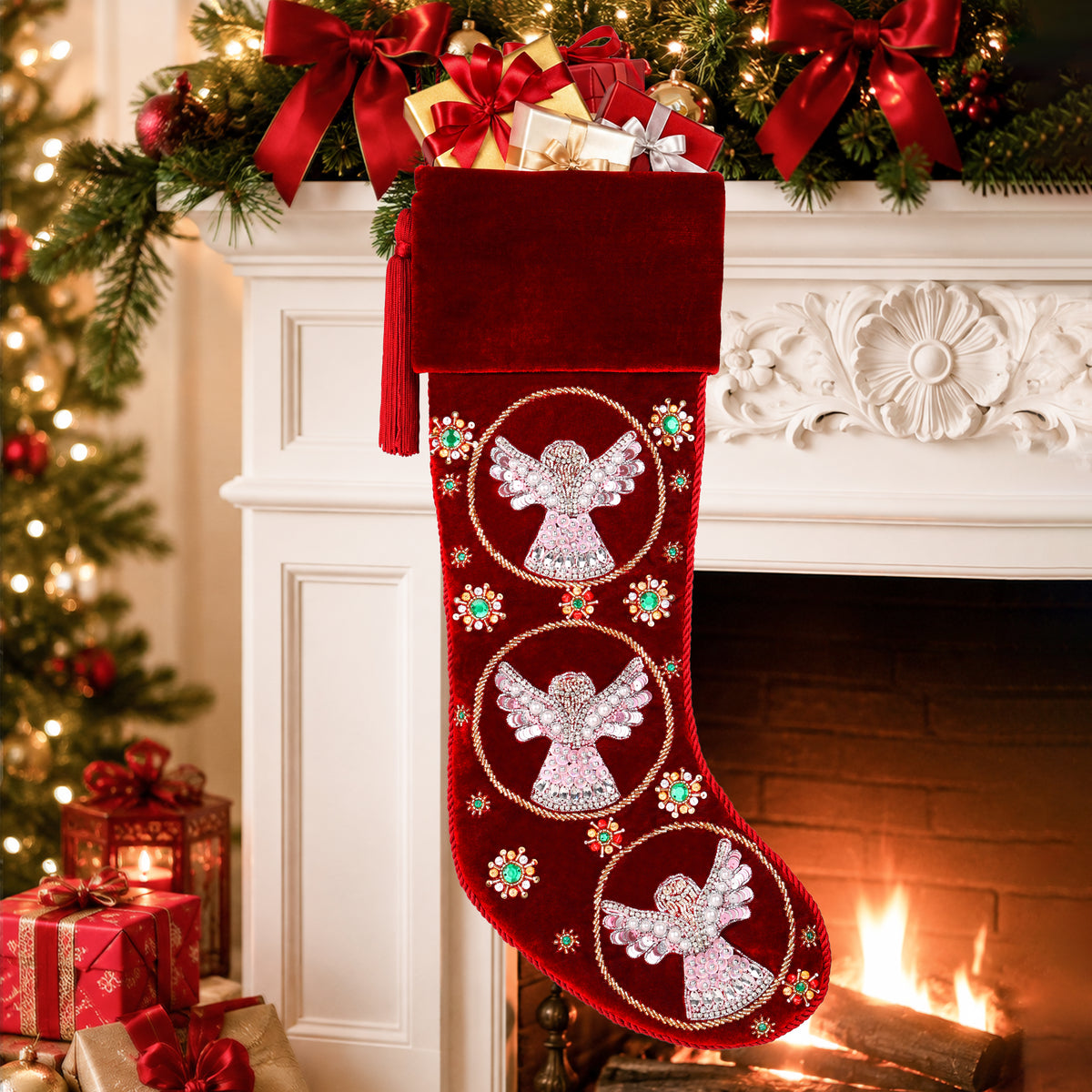 Beaded Snow Angels Red Velvet Personalized Christmas stocking