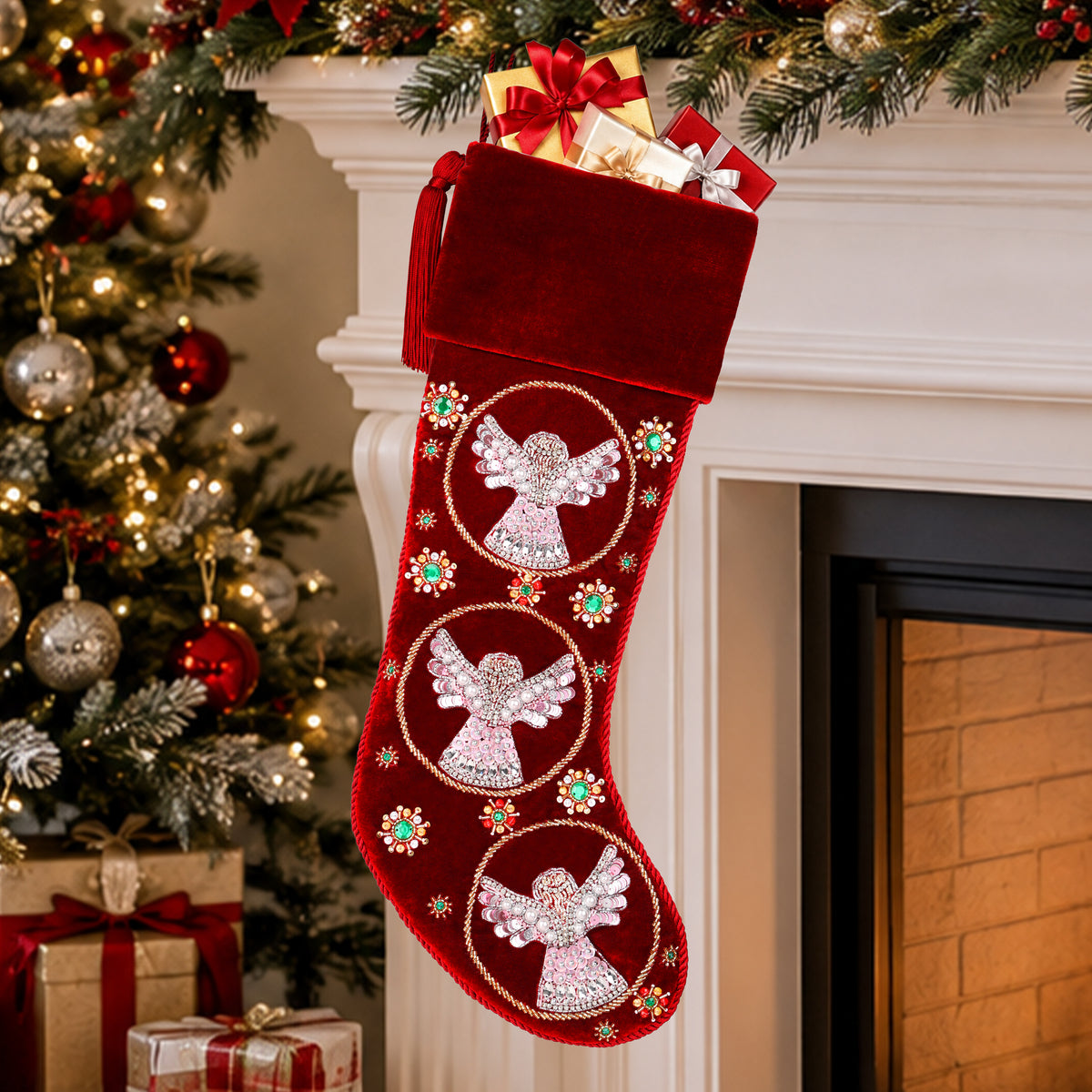 Beaded Snow Angels Red Velvet Personalized Christmas stocking
