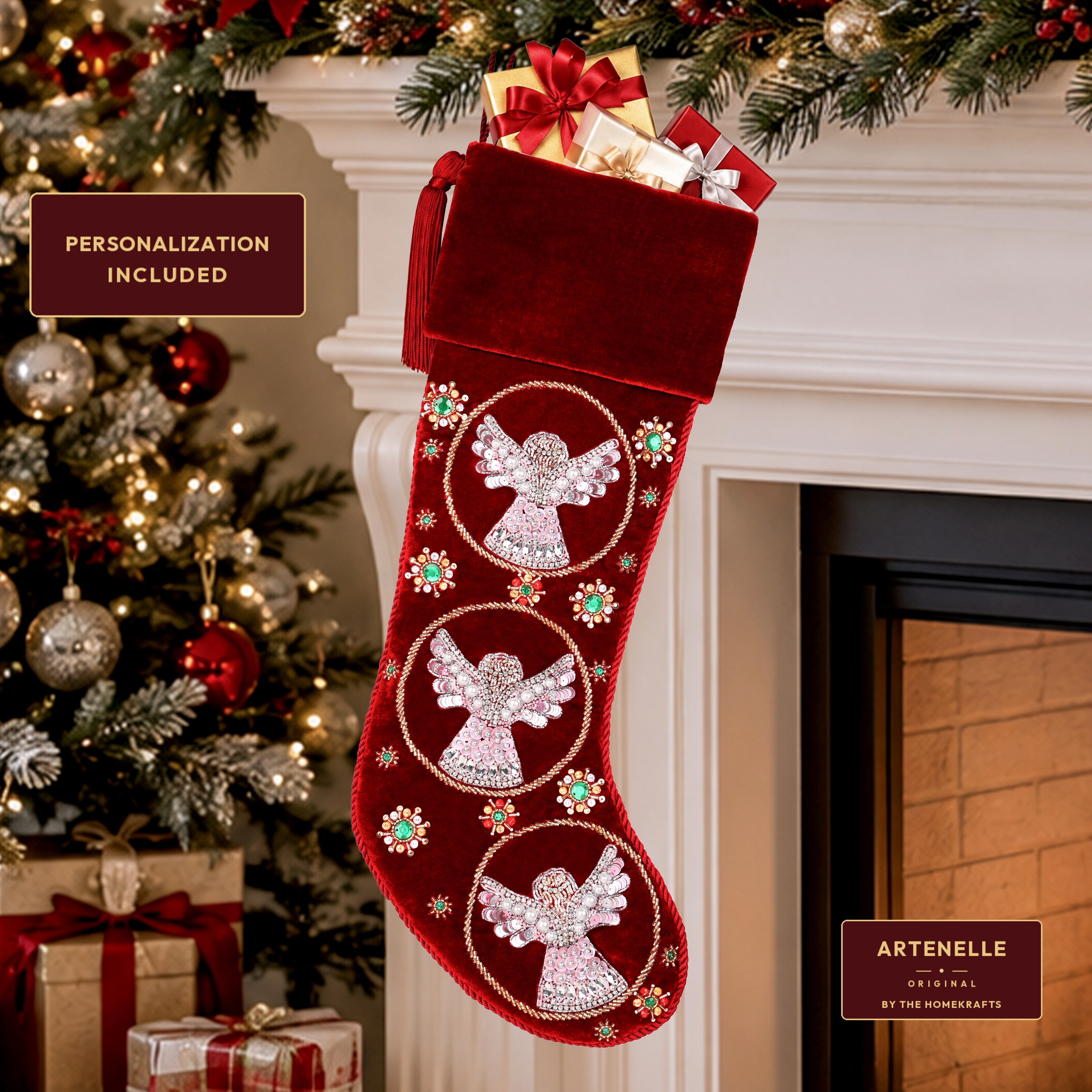 Beaded Snow Angels Red Velvet Personalized Christmas stocking