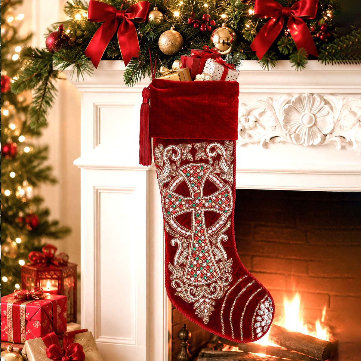 PERSONALISED Grand Cross Beaded Christmas stocking