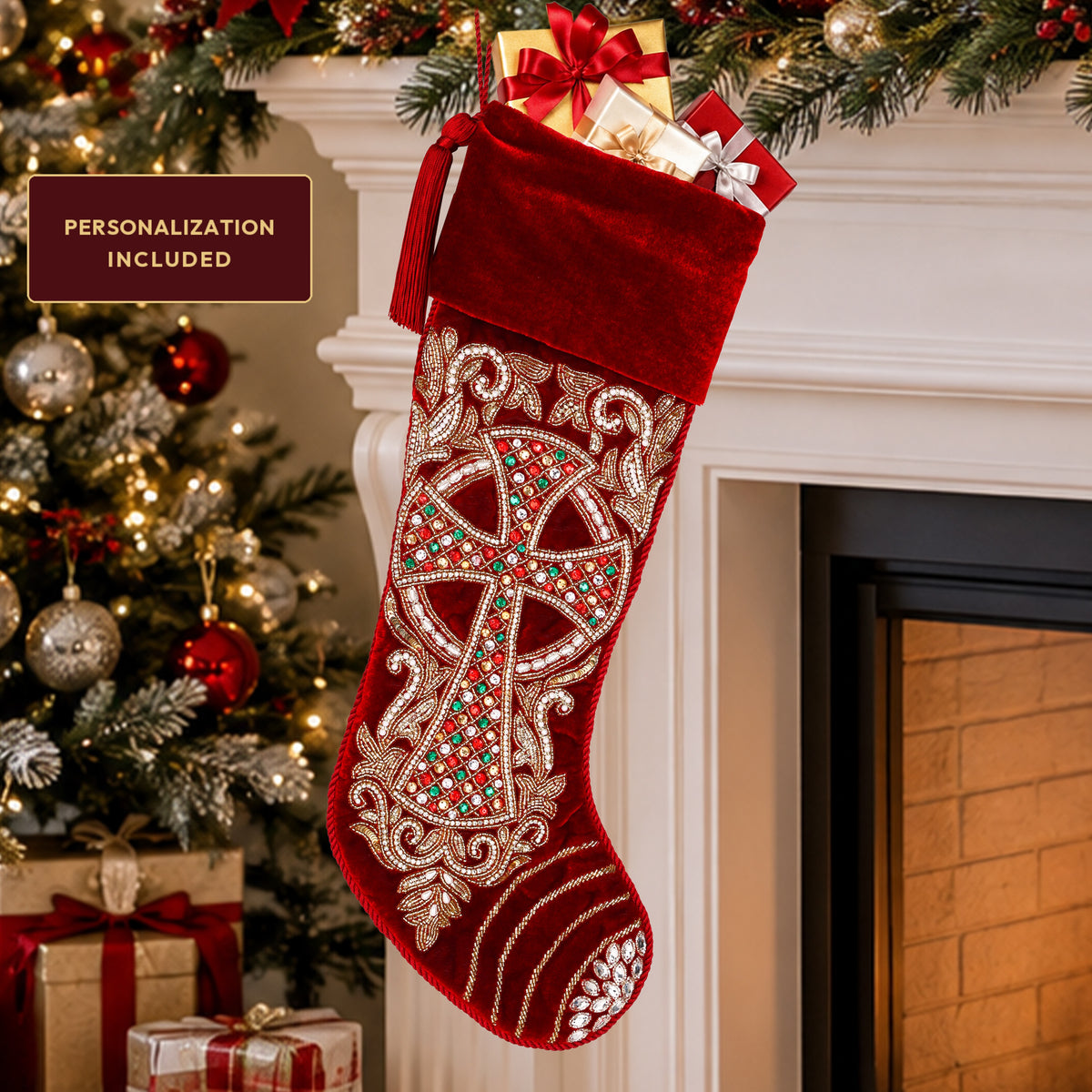 PERSONALISED Grand Cross Beaded Christmas stocking