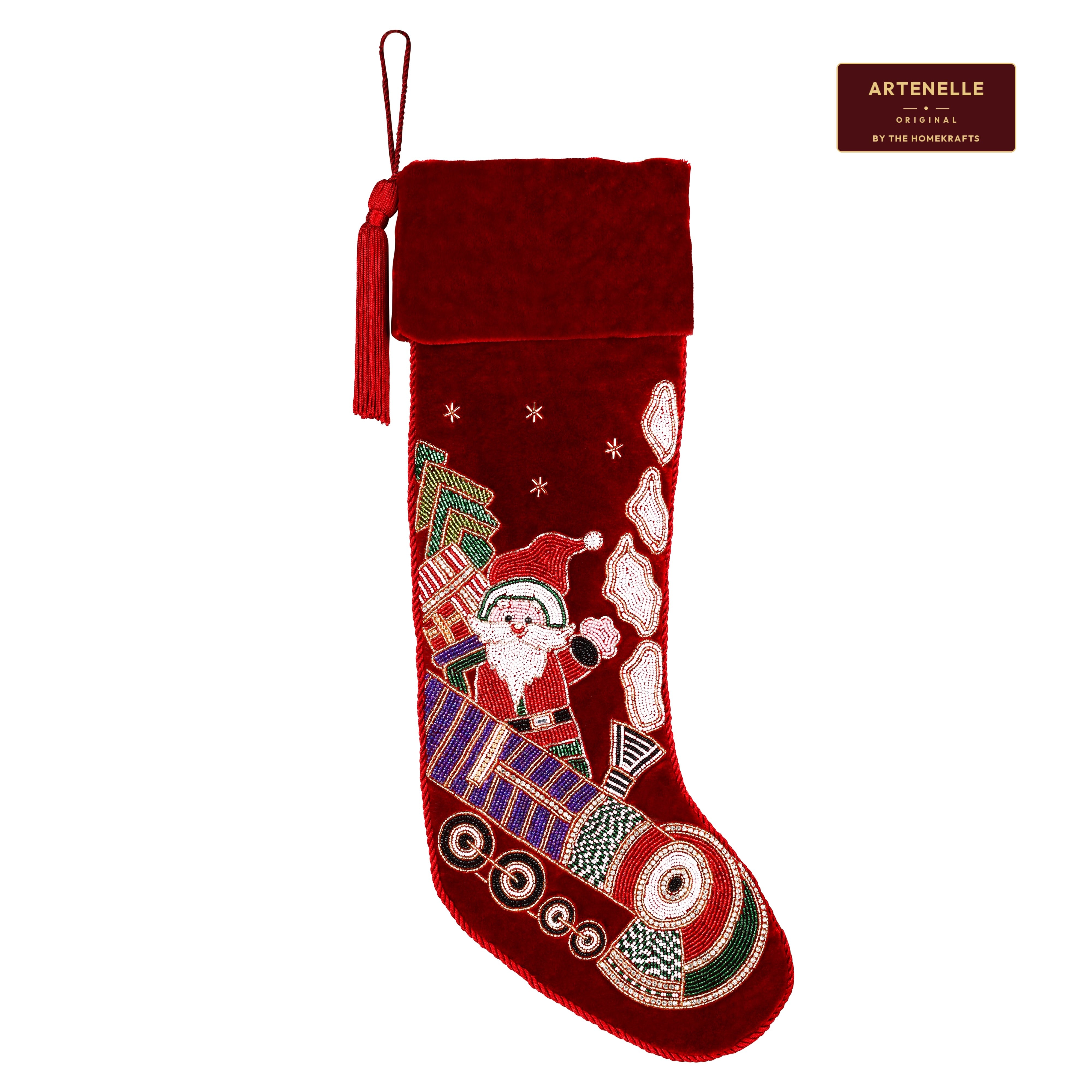 Personalized Beaded Santa on Train Red Velvet Christmas Stocking