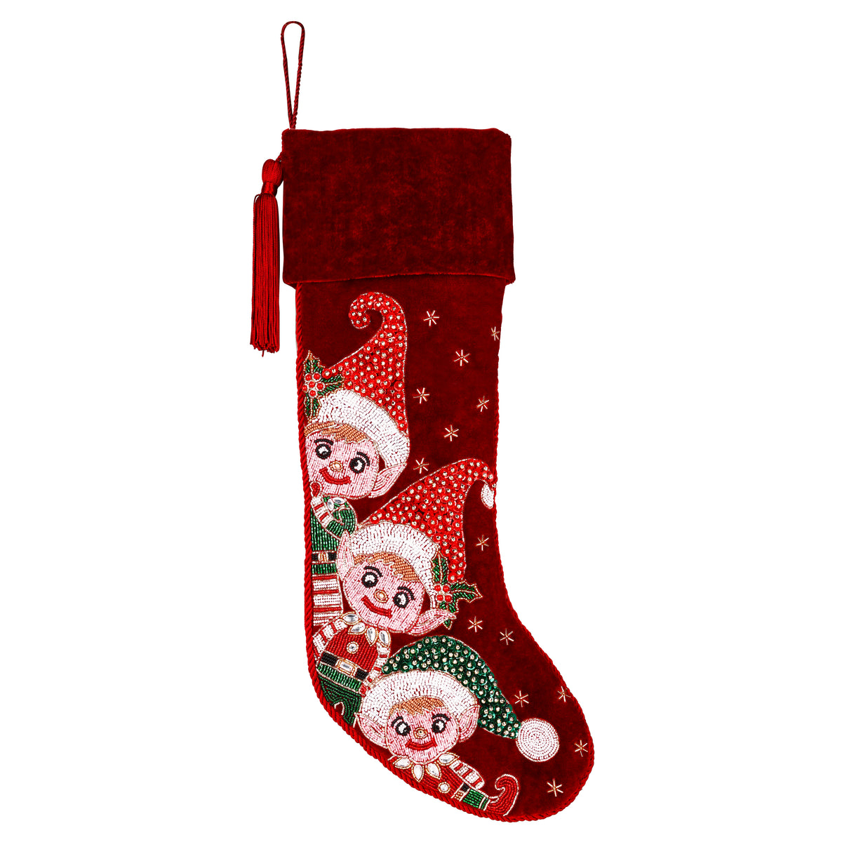 Personalized Beaded Elf Red Velvet Christmas Stocking