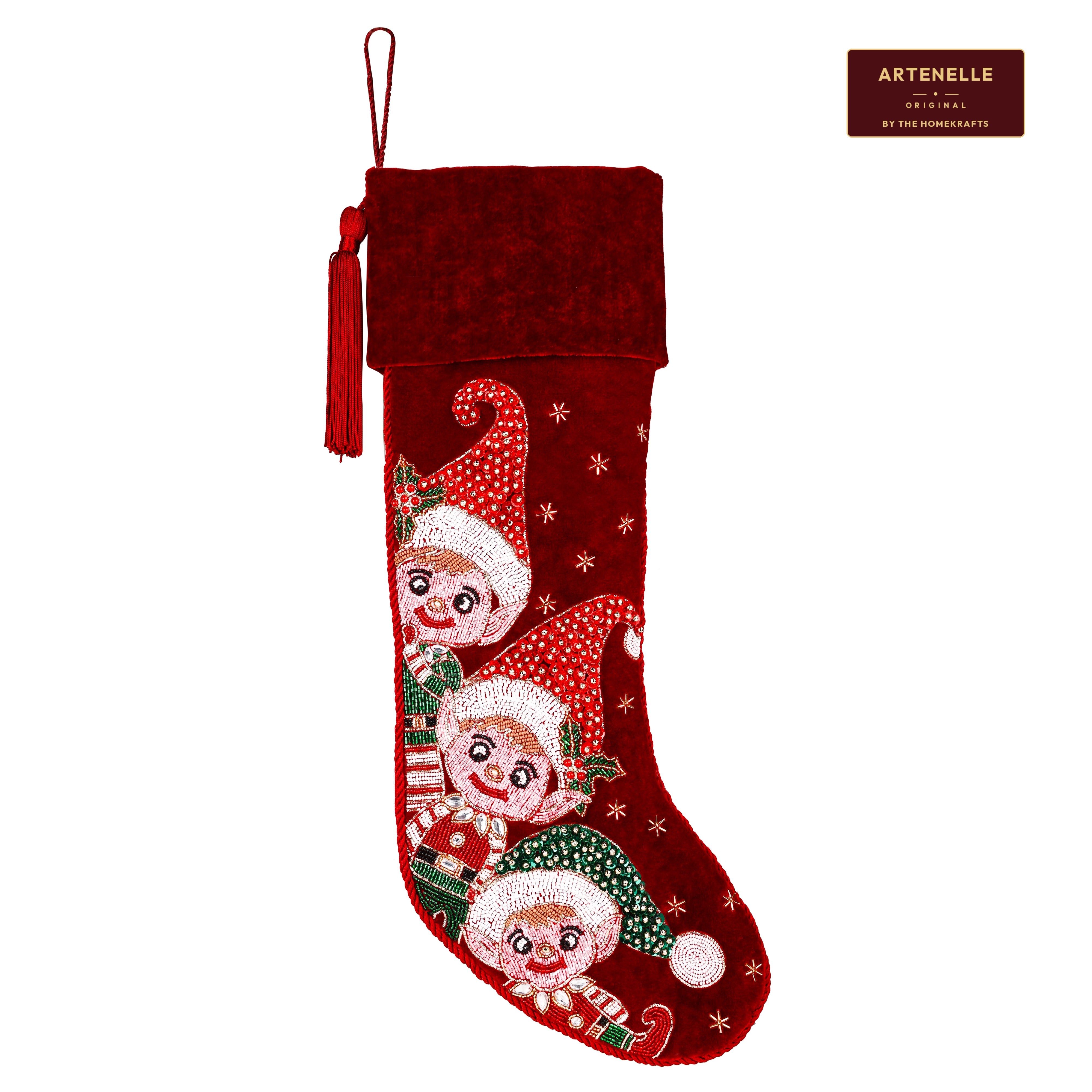 Personalized Beaded Elf Red Velvet Christmas Stocking