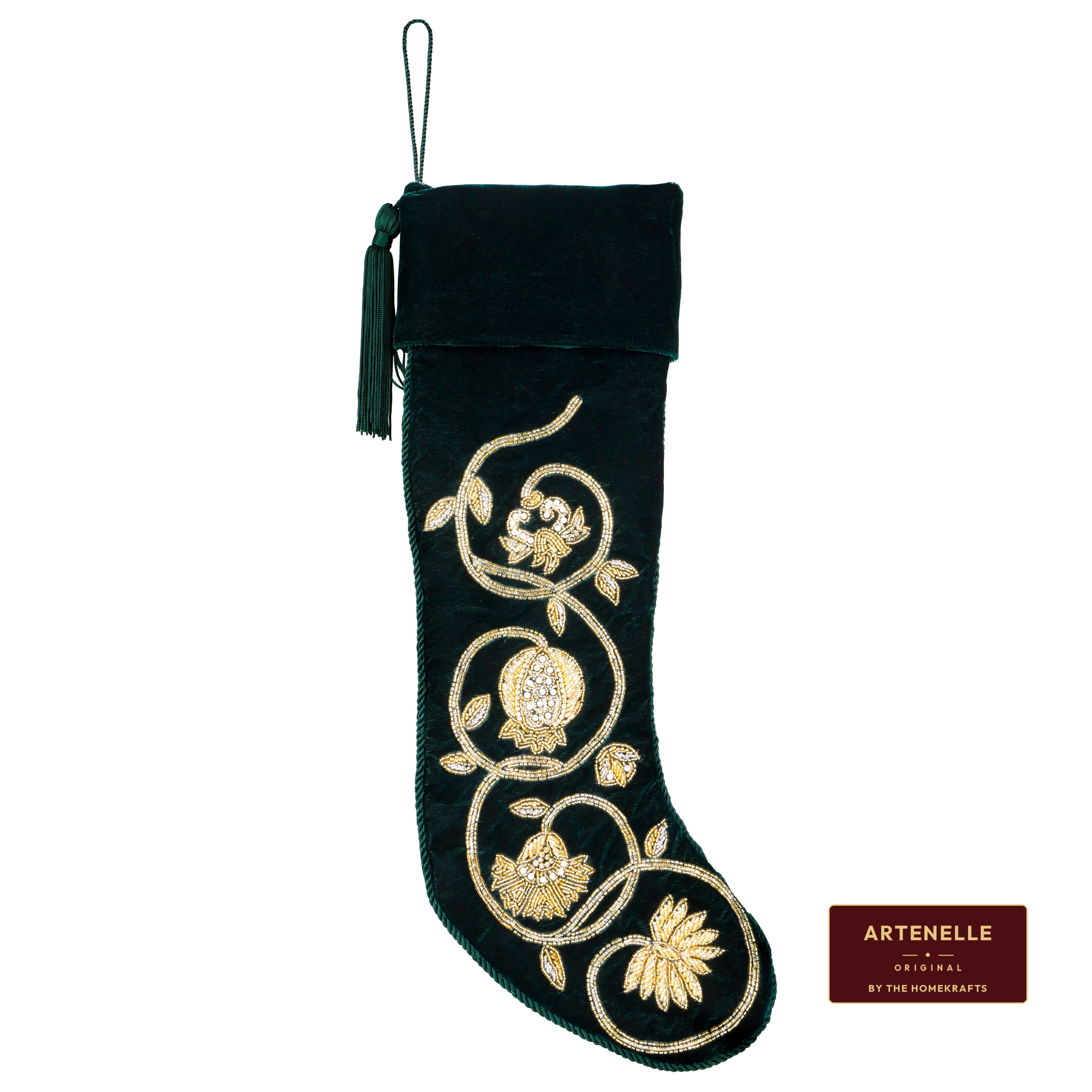 PERSONALIZED GREEN VELVET Christmas Stocking - GOLDEN GARLAND