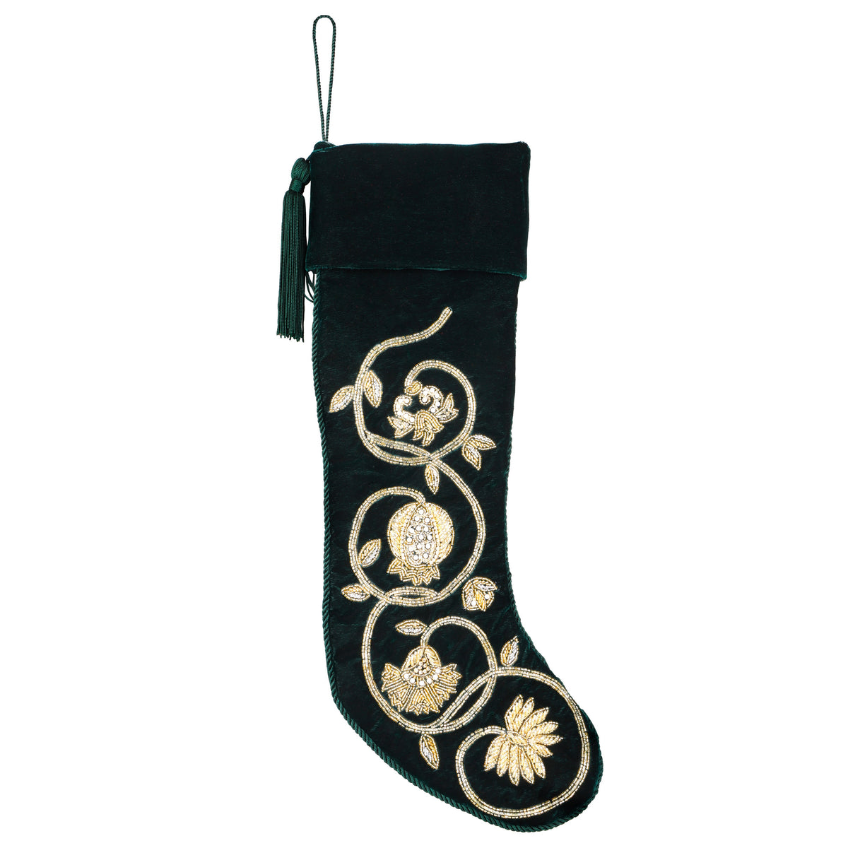 PERSONALIZED GREEN VELVET Christmas Stocking - GOLDEN GARLAND