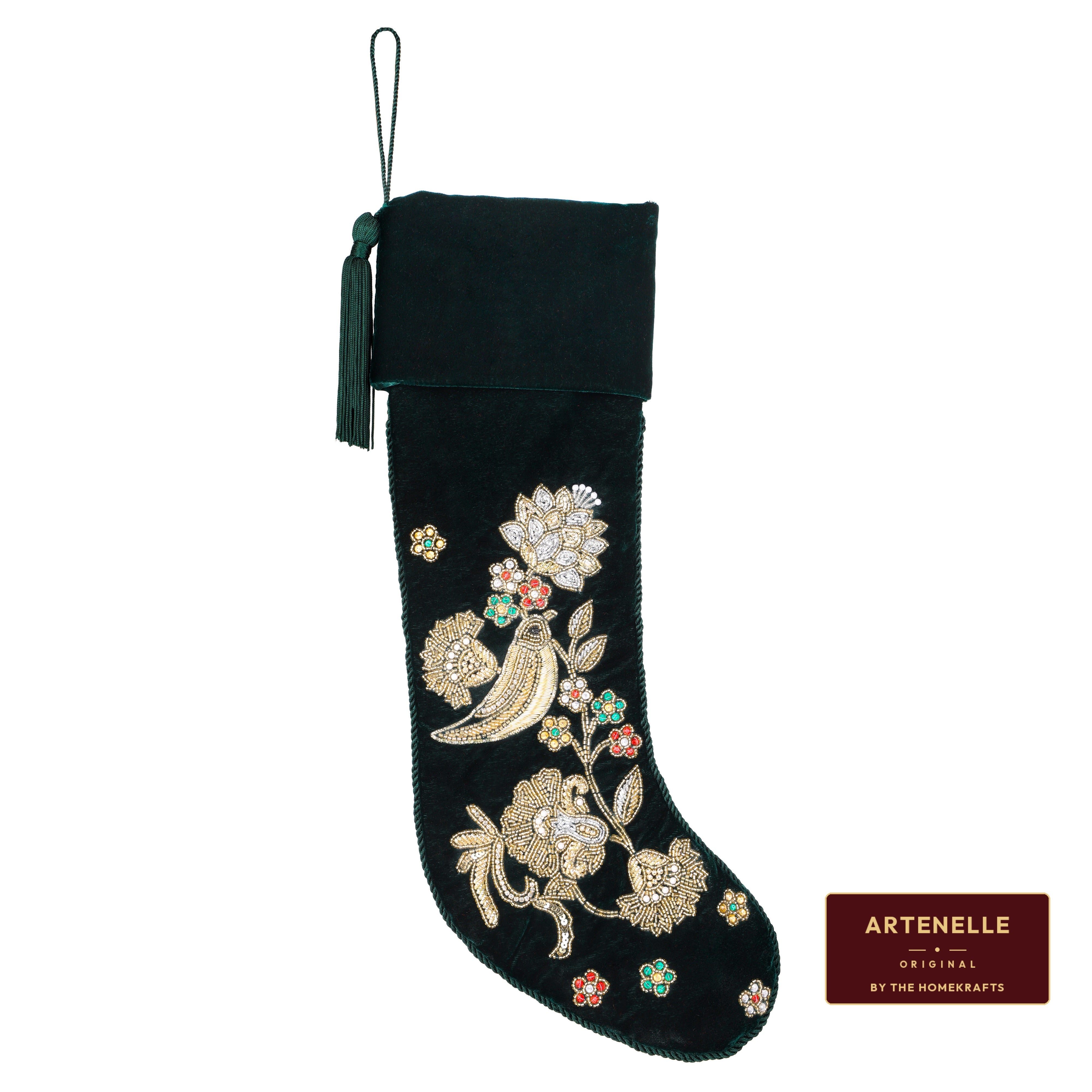 Personalized Green Velvet Christmas Stocking - Handmade Partridge Noel Song Bird