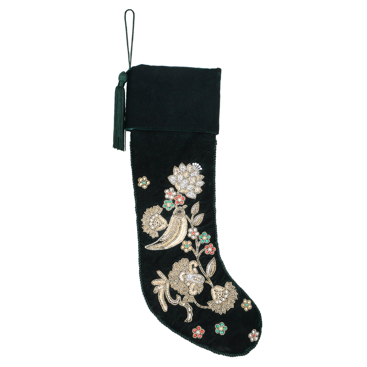 Personalized Green Velvet Christmas Stocking - Handmade Partridge Noel Song Bird