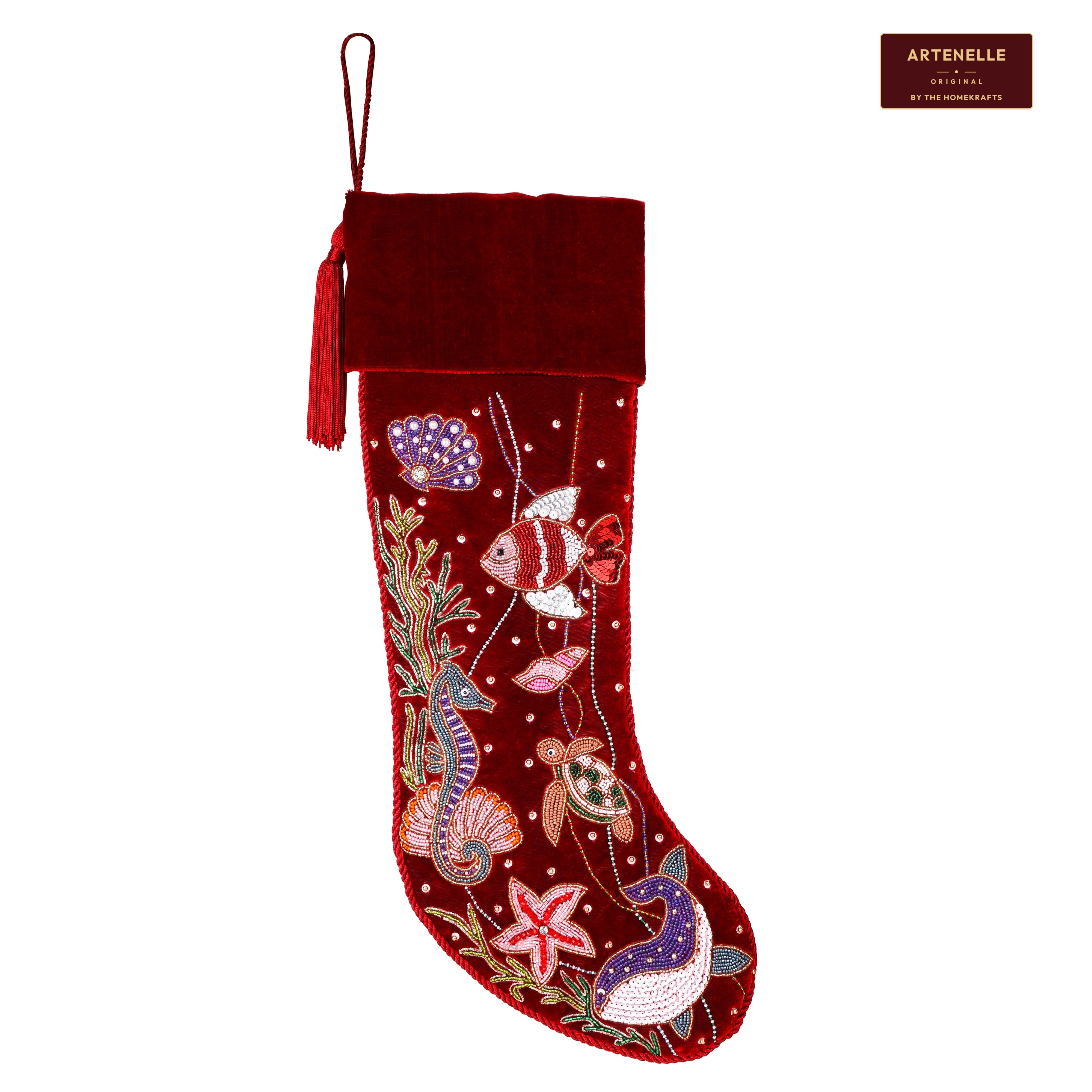 Personalized Beaded Ocean Red Velvet Christmas Stocking