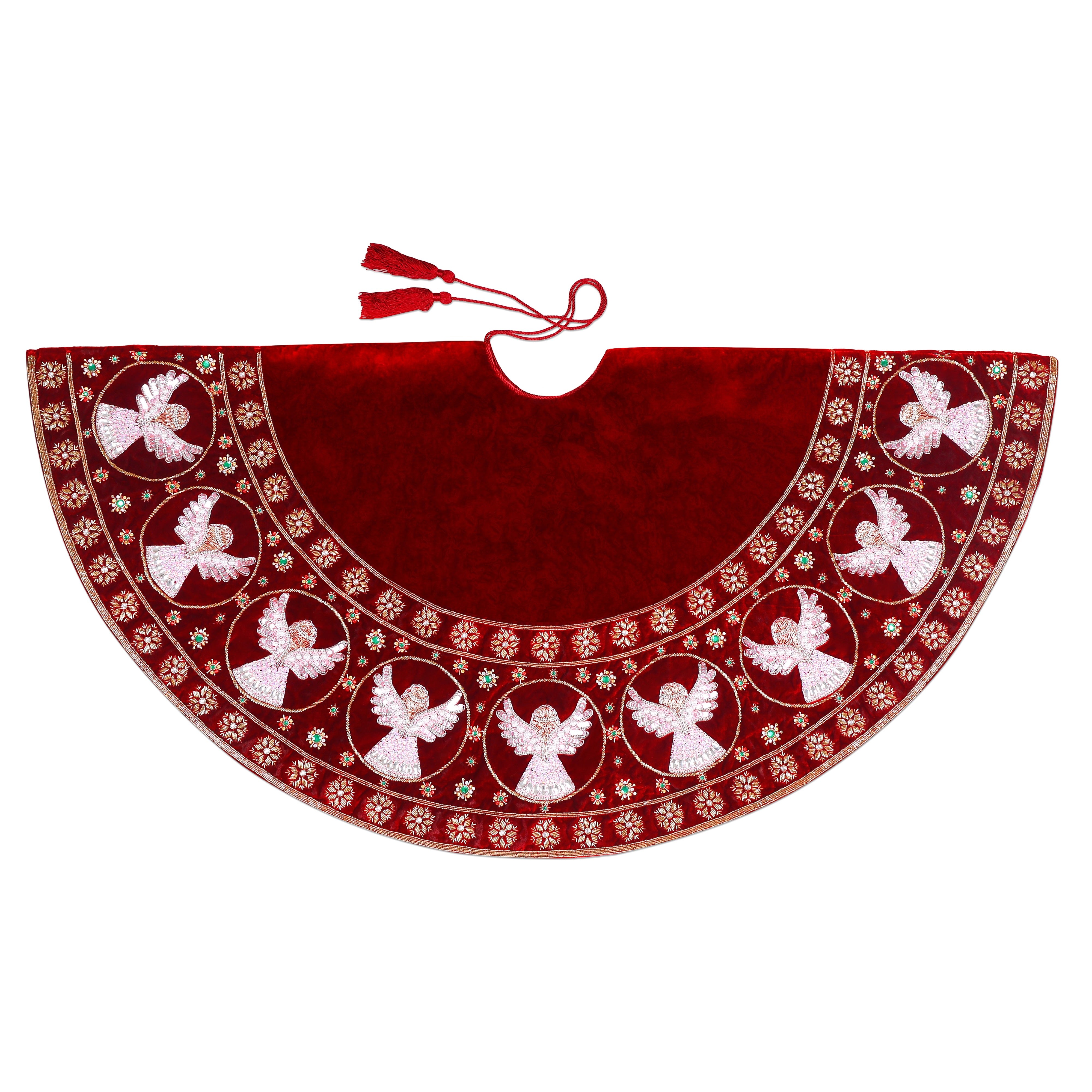 Beaded Snow Angels Red Velvet Christmas Tree Skirt