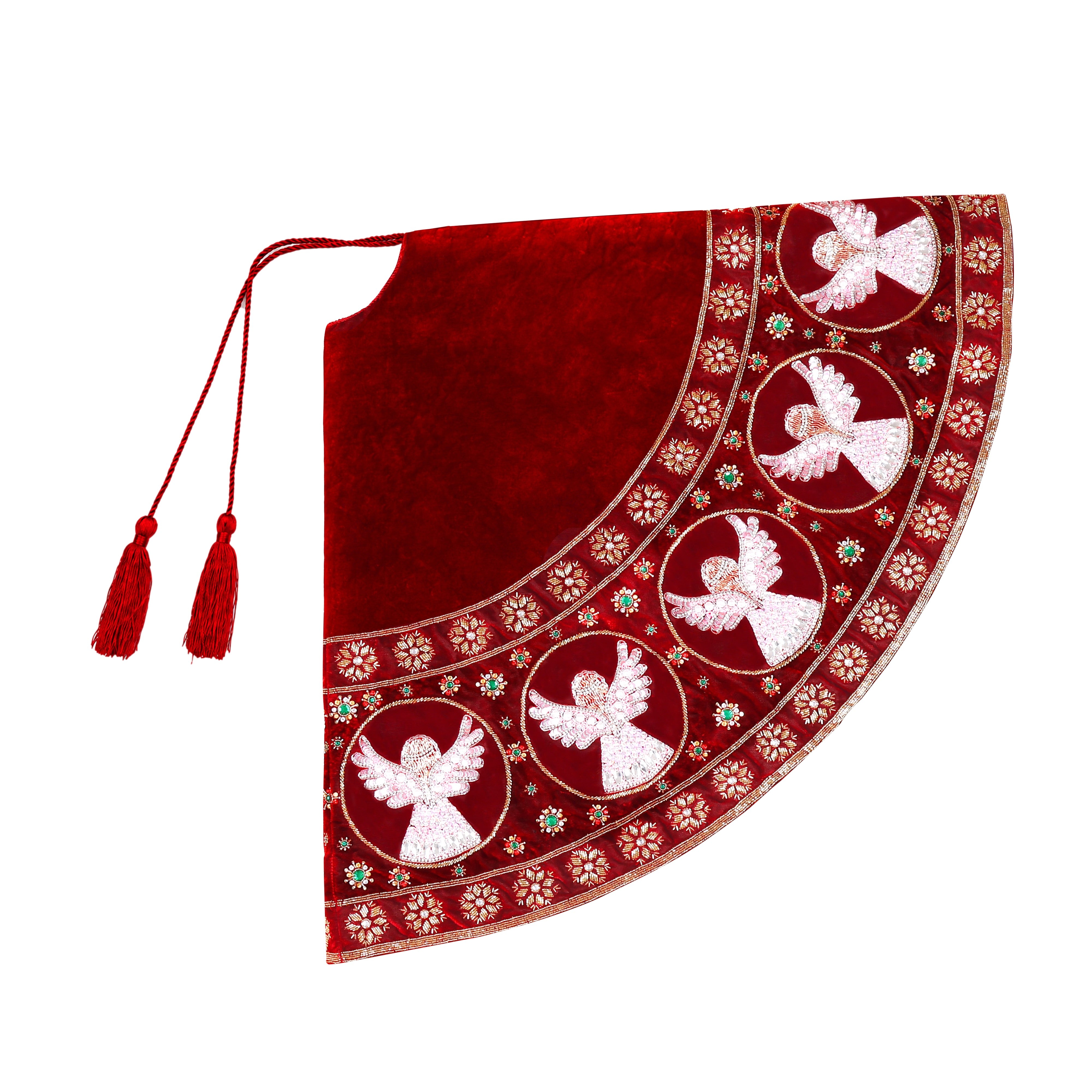 Beaded Snow Angels Red Velvet Christmas Tree Skirt