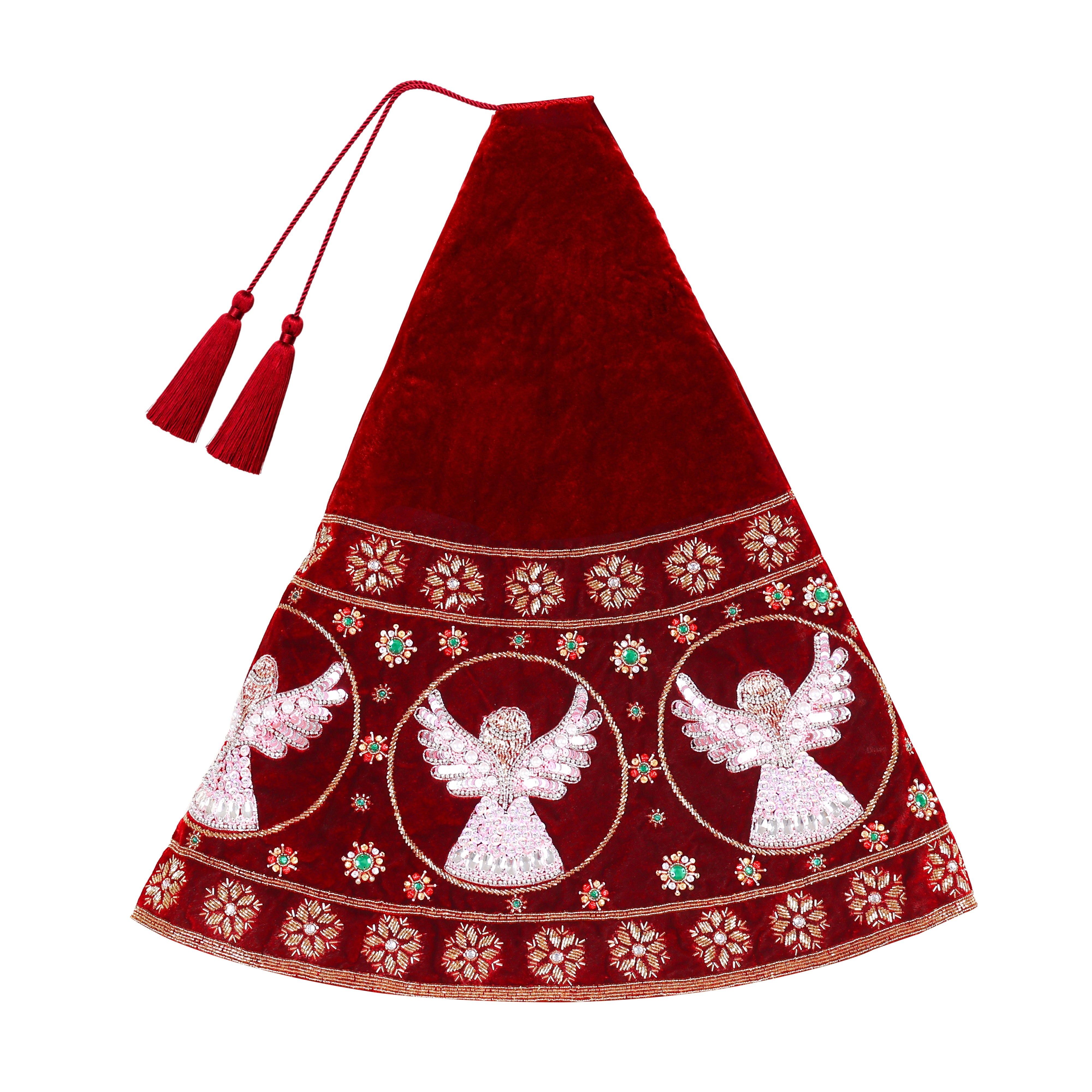 Beaded Snow Angels Red Velvet Christmas Tree Skirt