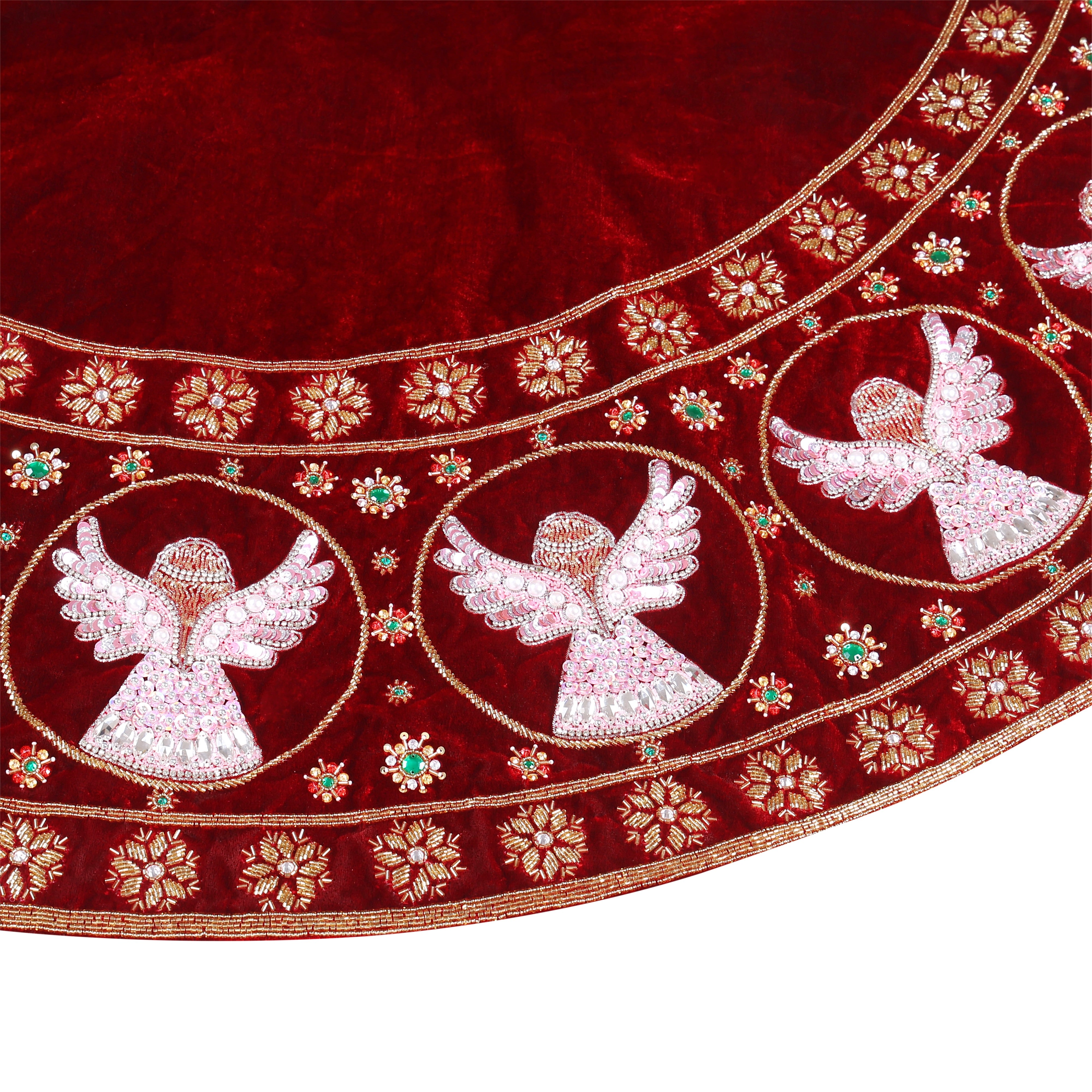 Beaded Snow Angels Red Velvet Christmas Tree Skirt