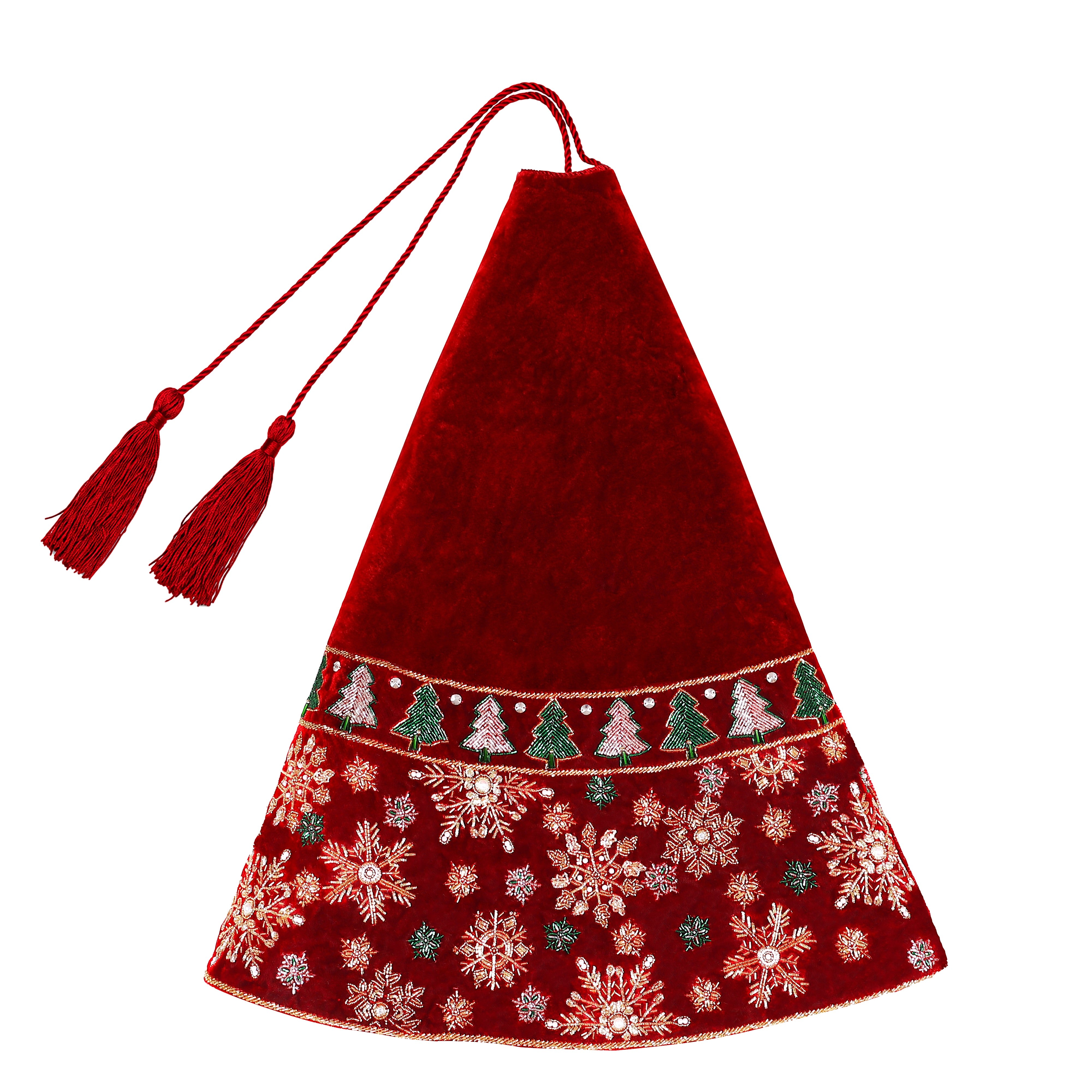 Beaded Snowflakes & Trees Red velvet Christmas Tree Skirt