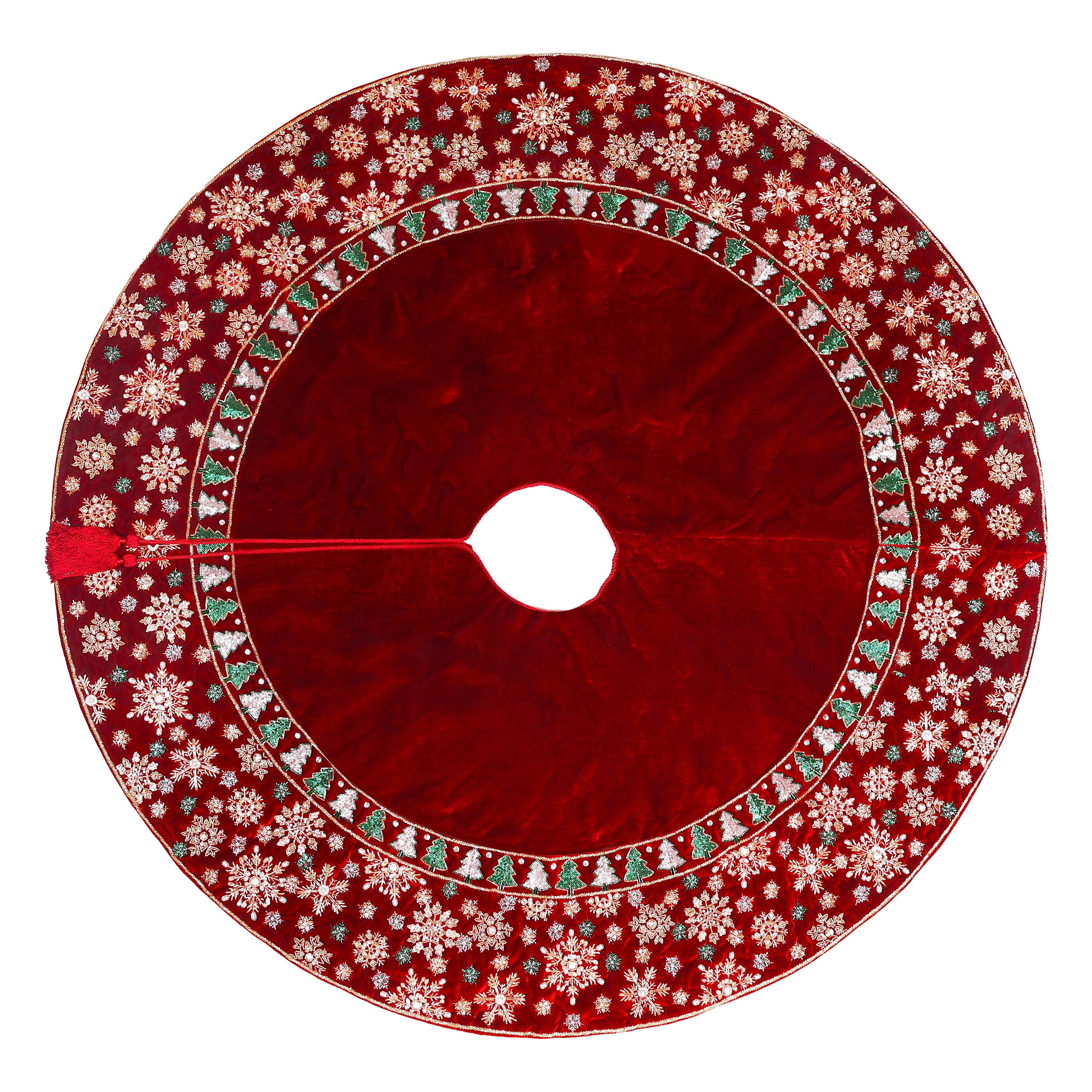 Beaded Snowflakes & Trees Red velvet Christmas Tree Skirt
