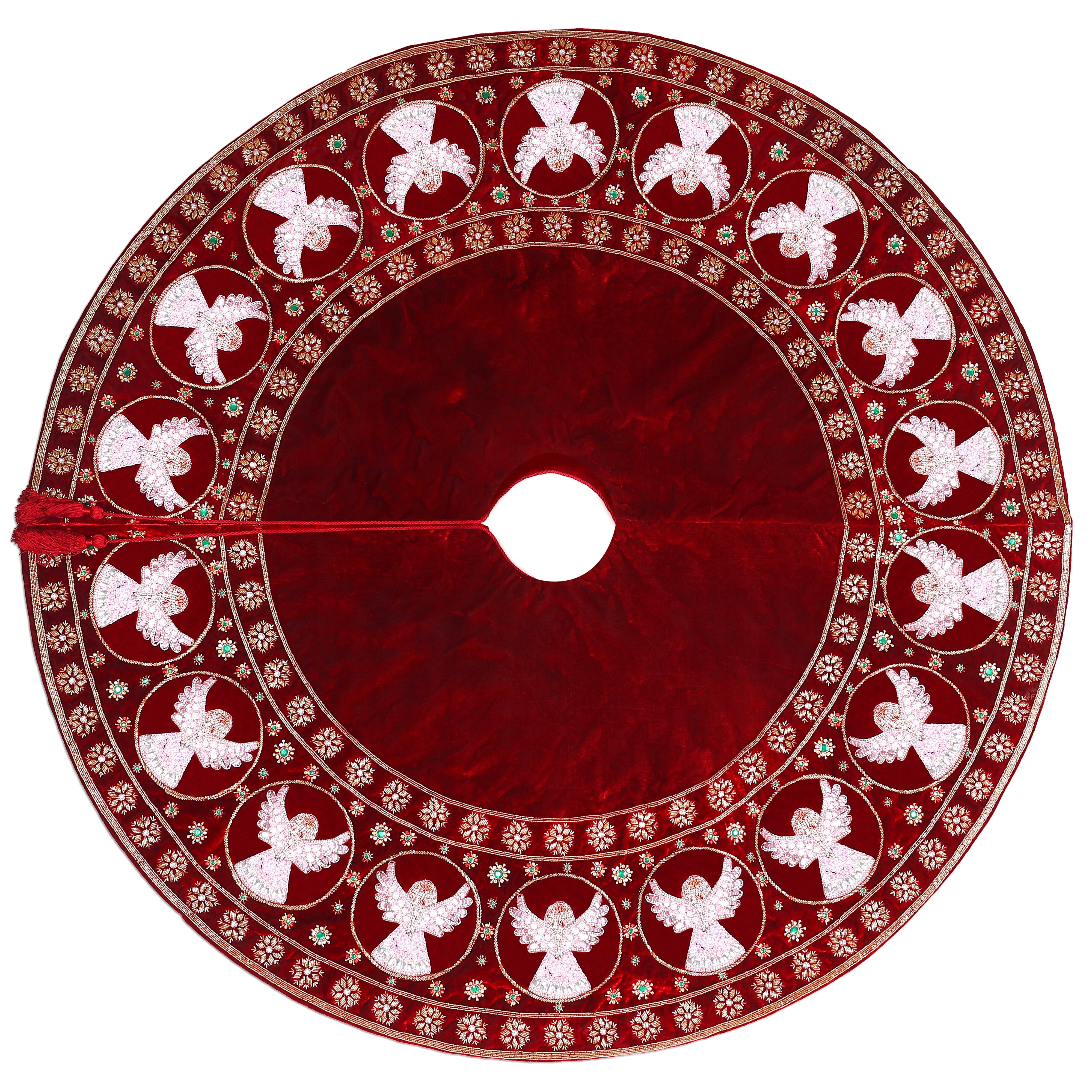 Beaded Snow Angels Red Velvet Christmas Tree Skirt