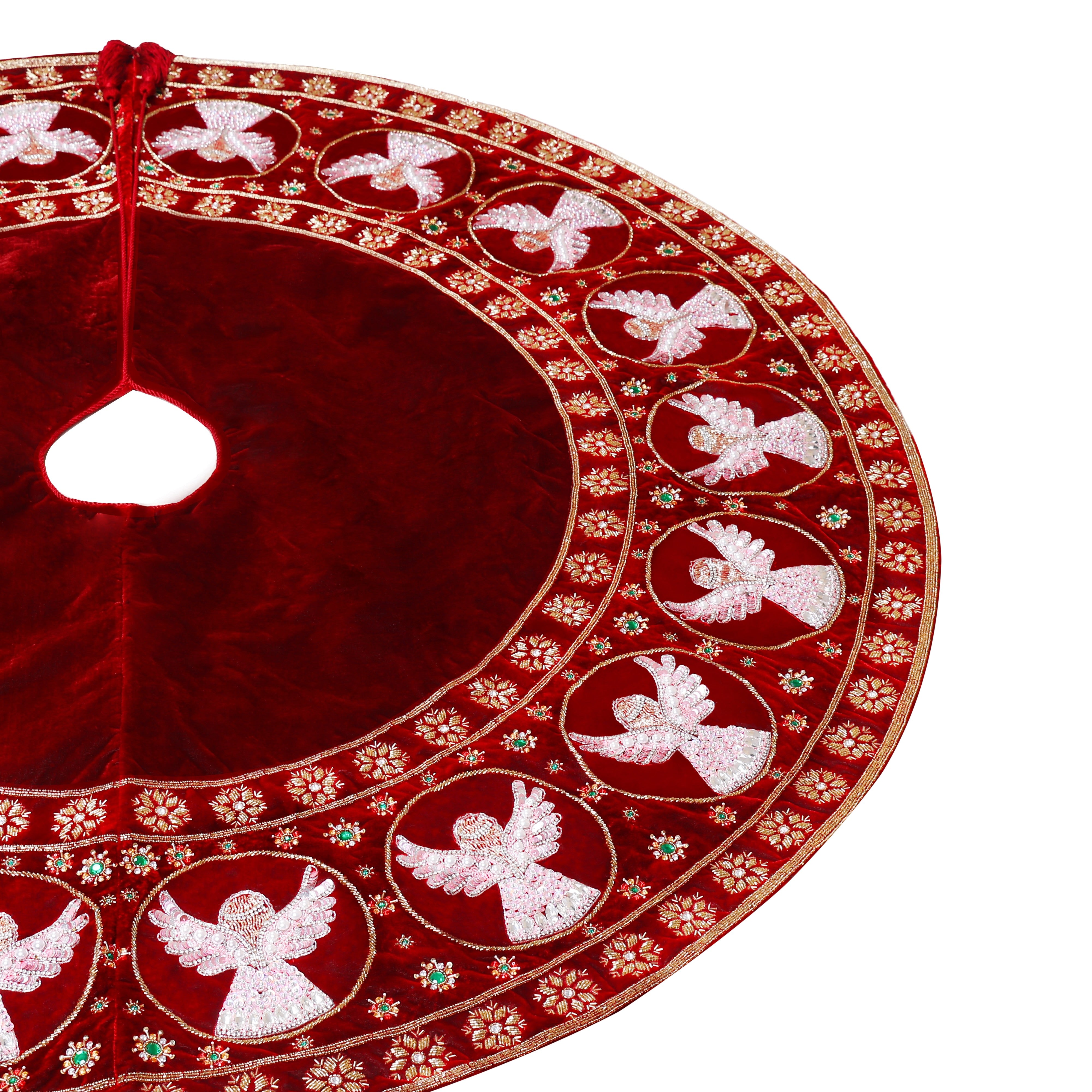 Beaded Snow Angels Red Velvet Christmas Tree Skirt