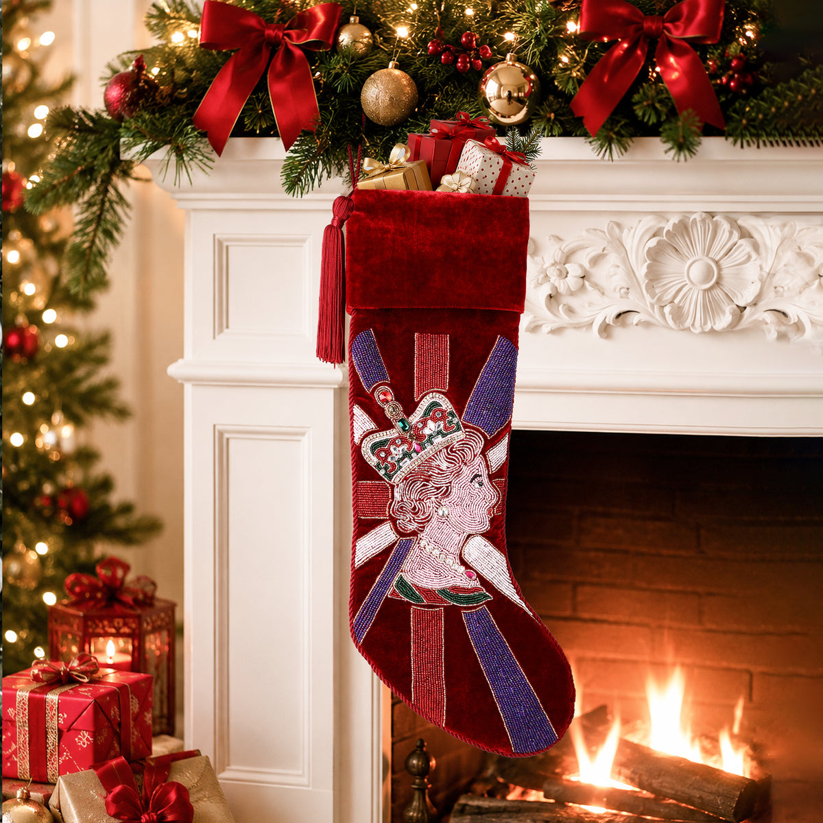 Personalized Royal Queen beaded Red Velvet Christmas Stocking