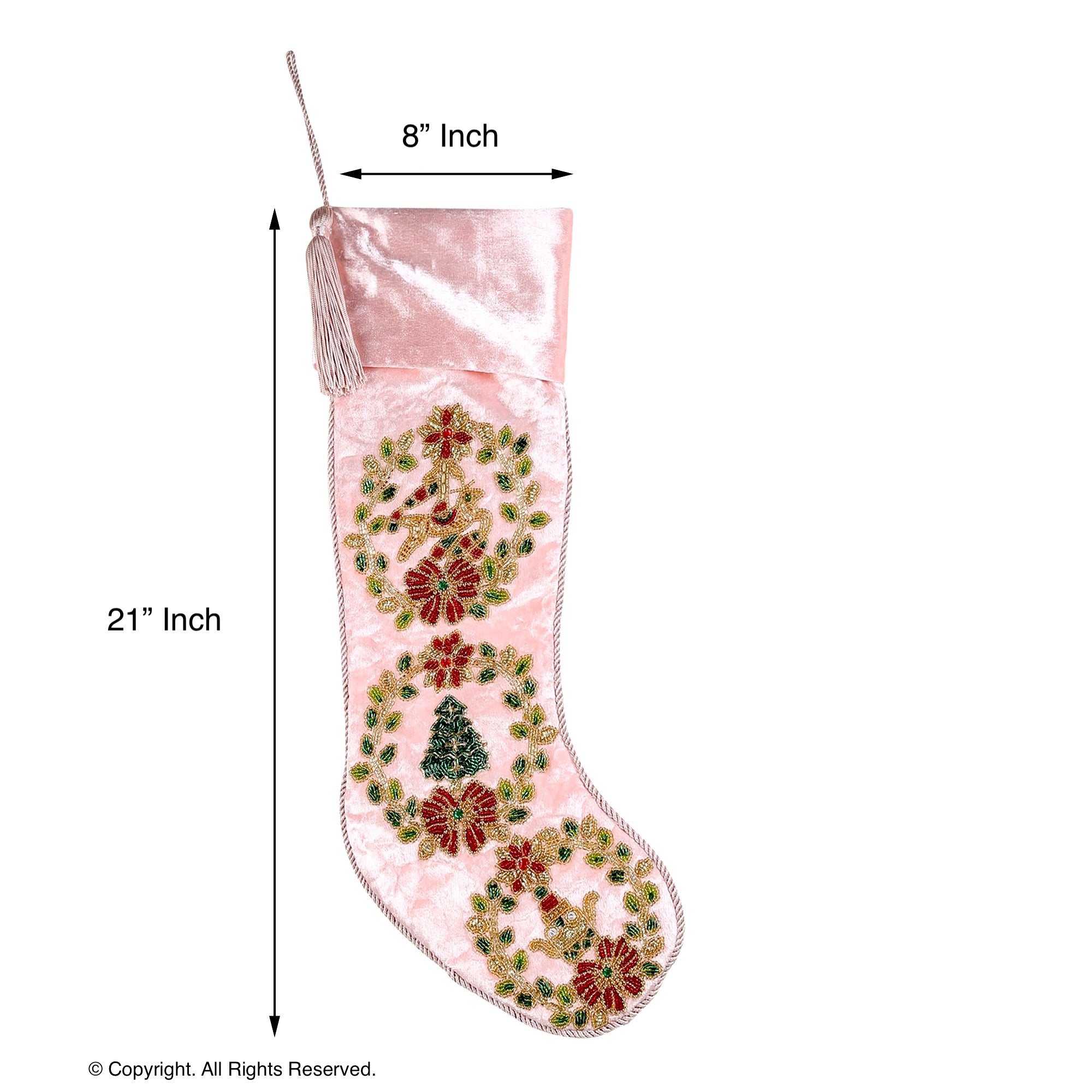 PERSONALISED WREATH PINK VELVET CHRISTMAS STOCKING