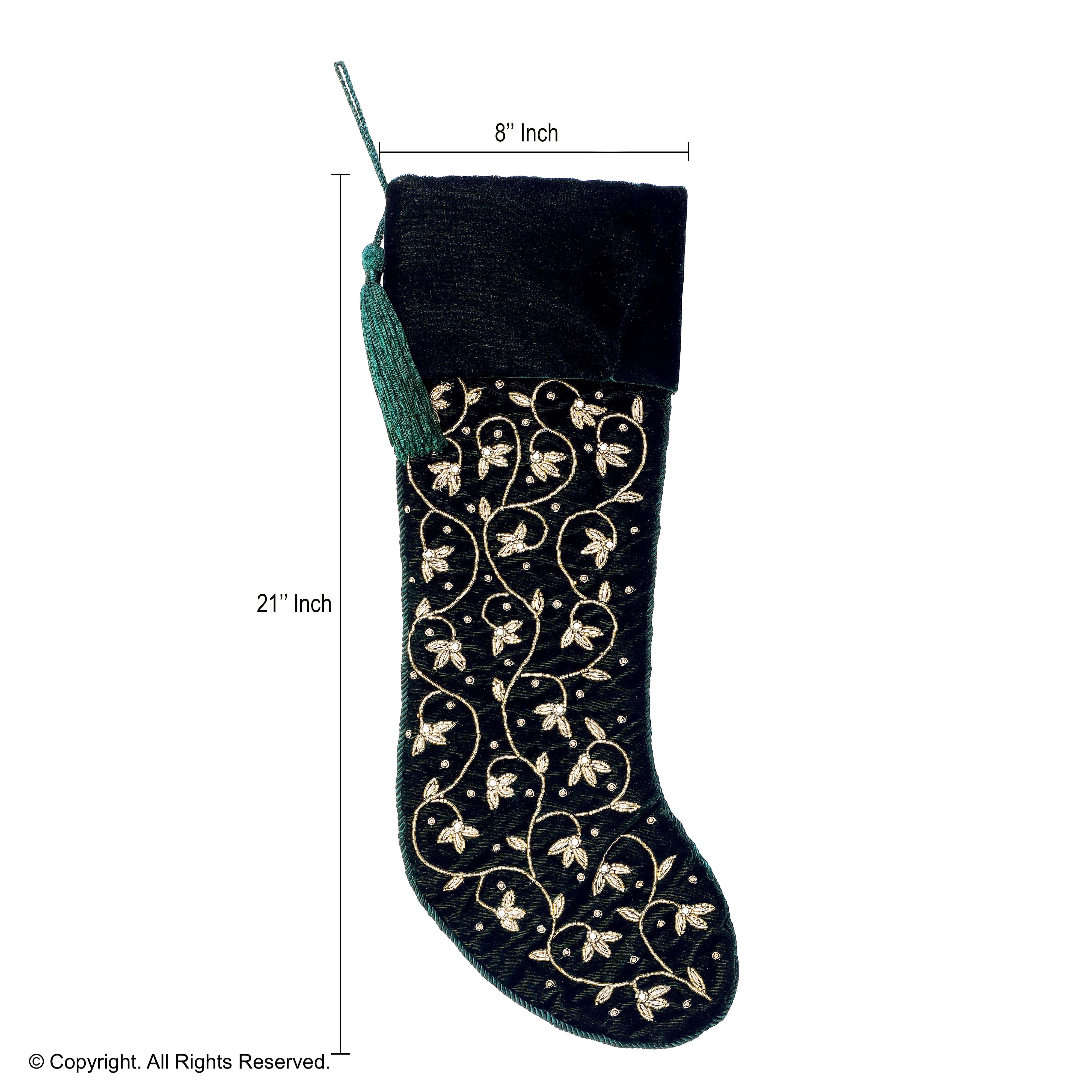 Personalised Intricate leaf Christmas Stocking- Green Velvet Christmas stocking Embroided with intricate leaf