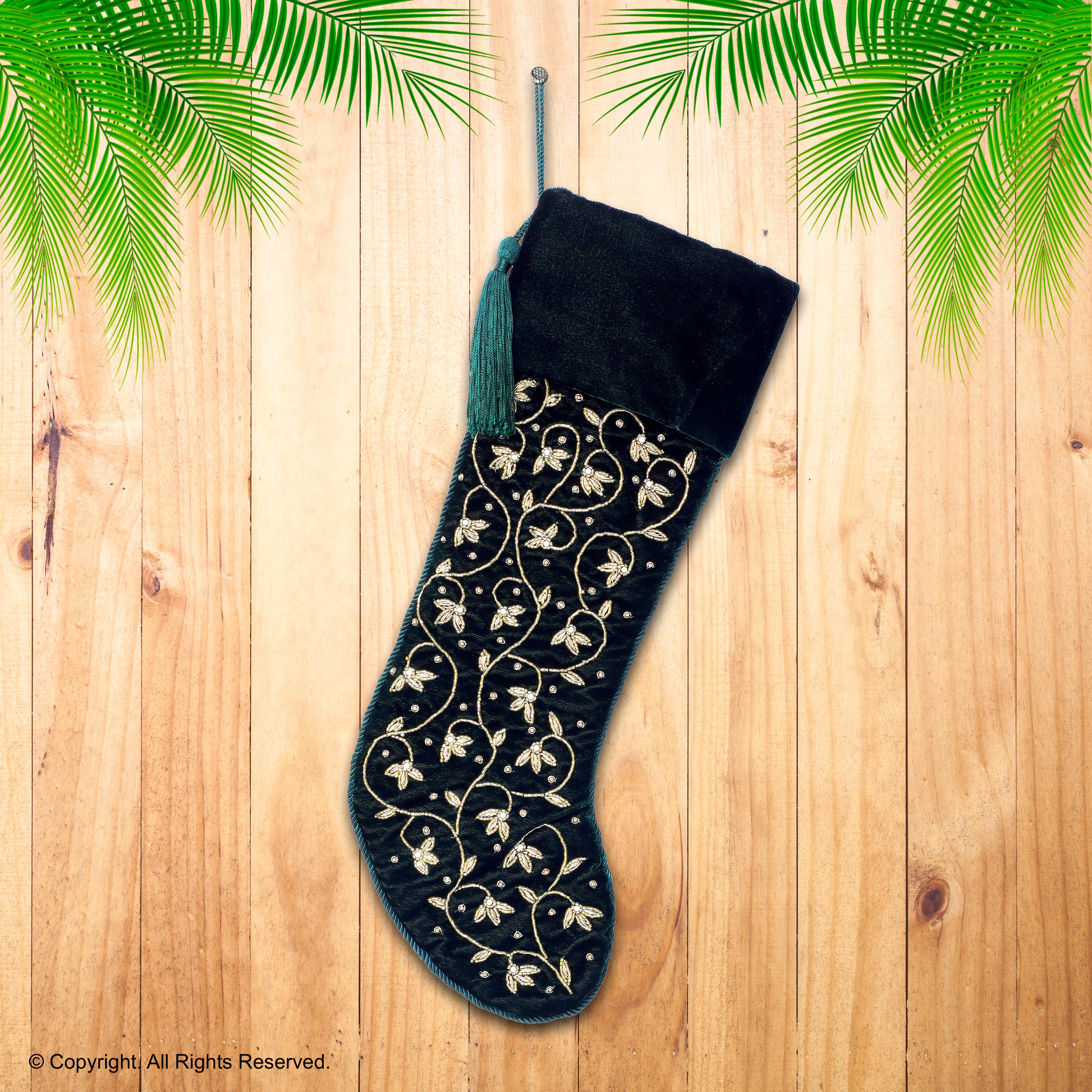 Personalised Intricate leaf Christmas Stocking- Green Velvet Christmas stocking Embroided with intricate leaf