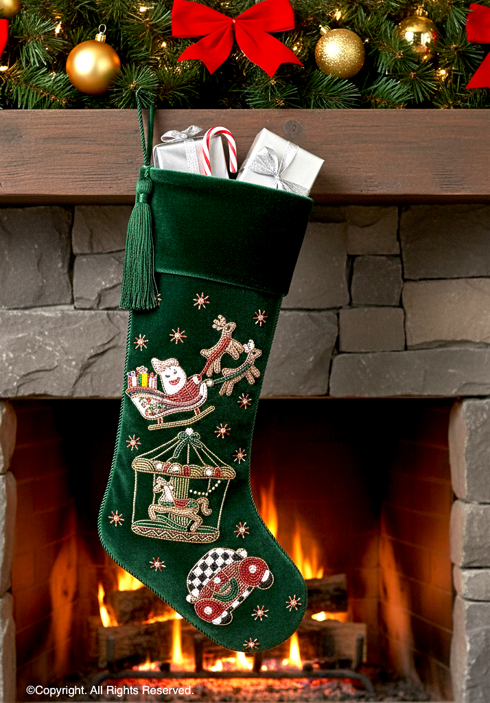 PERSONALISED SANTA HOLIDAY RIDE GREEN VELVET CHRISTMAS STOCKING