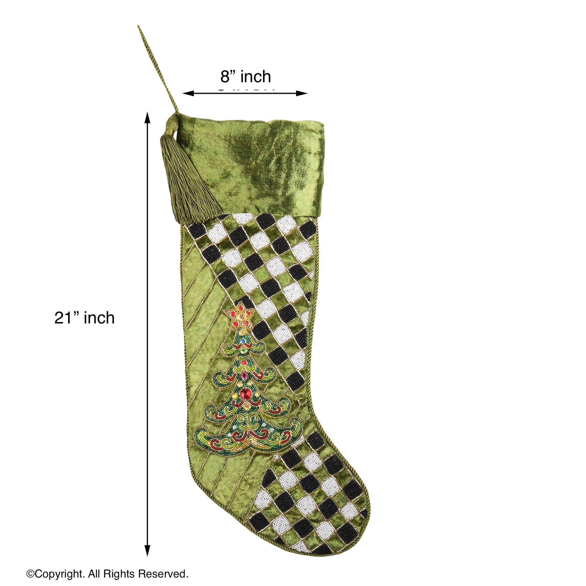 PERSONALISED WHIMSICAL TREE CHECK PARADE GREEN VELVET CHRISTMAS STOCKING