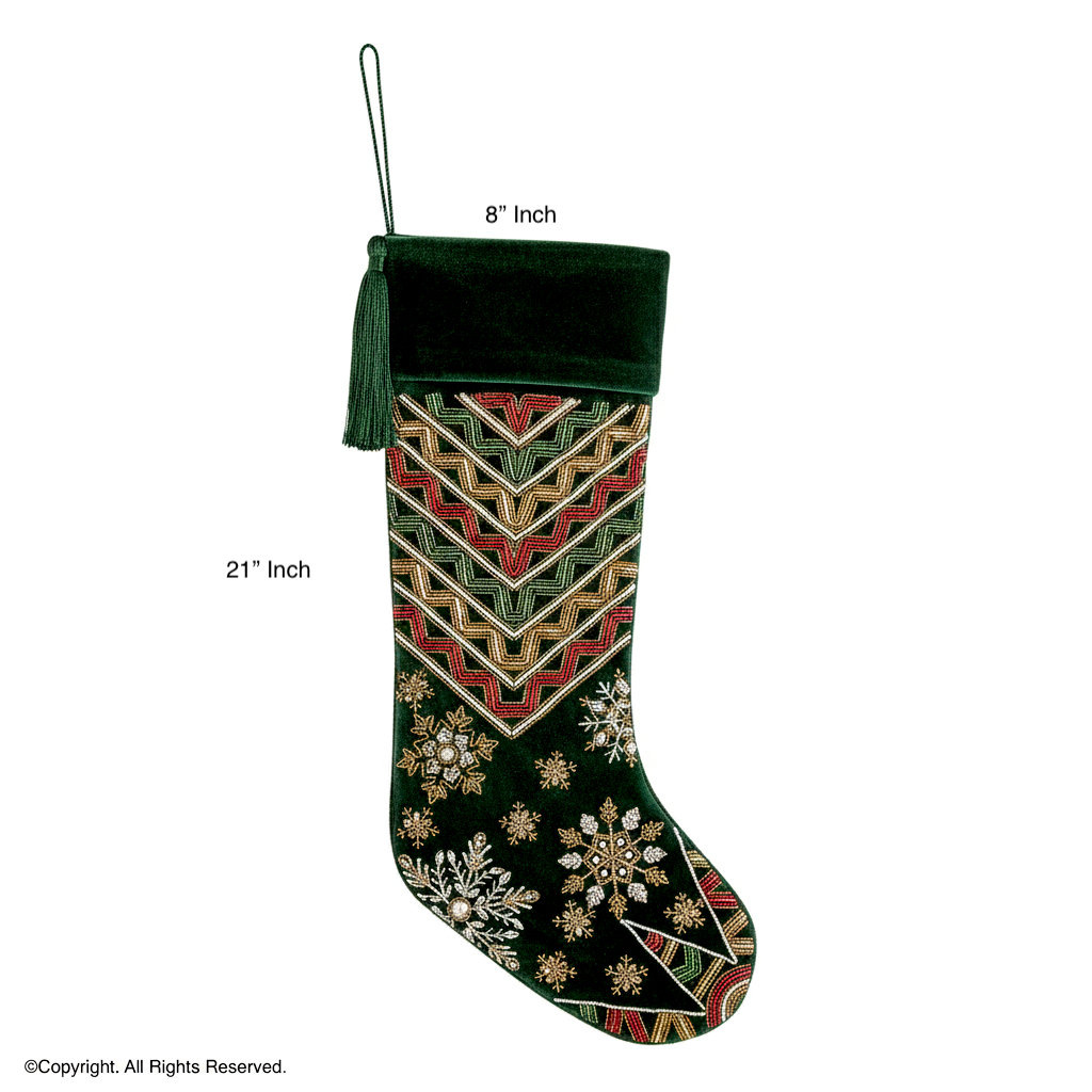 PERSONALISED STARBURST SNOWFLAKE GREEN VELVET CHRISTMAS STOCKING