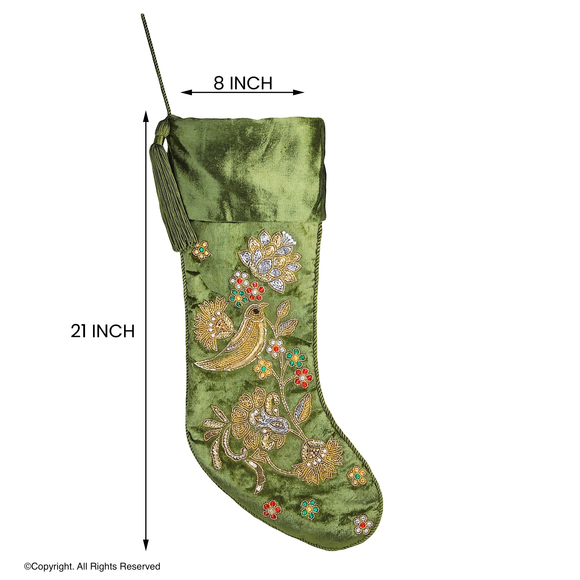 PERSONALISED PARTRIDGE NOEL SONGBIRD GREEN VELVET CHRISTMAS STOCKING