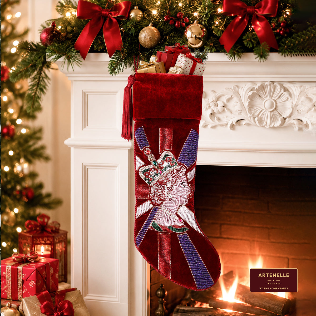 Personalized Royal Queen beaded Red Velvet Christmas Stocking