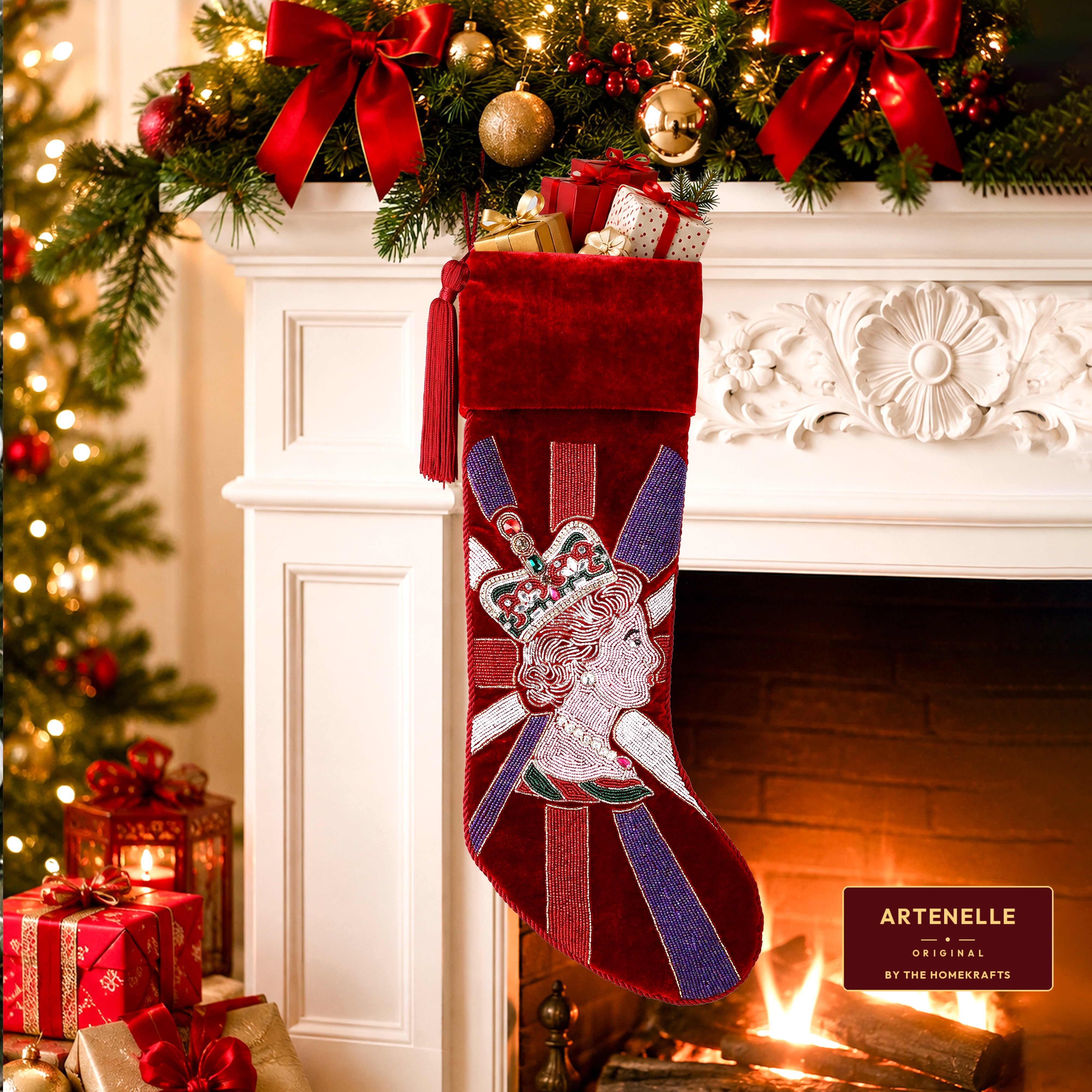 Personalized Royal Queen beaded Red Velvet Christmas Stocking