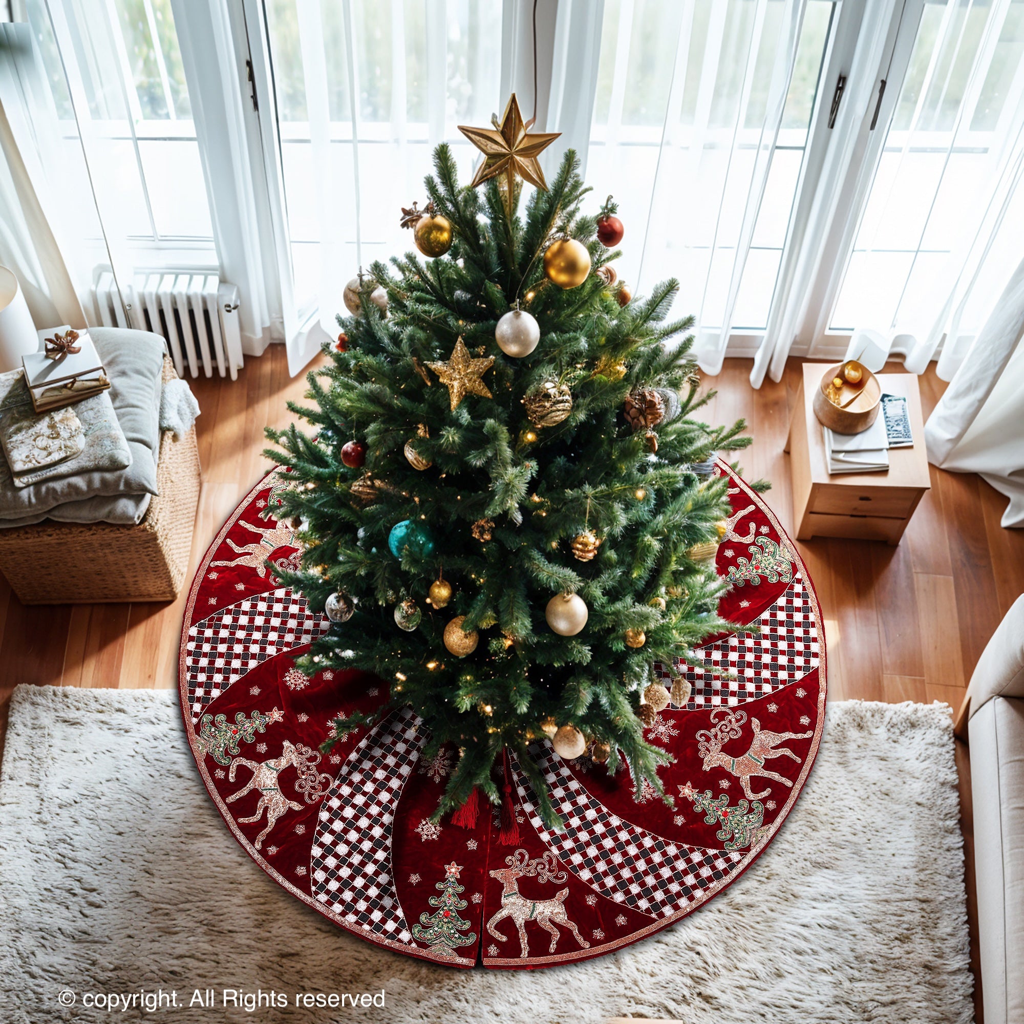 Reindeer Check Parade Red Velvet Christmas Tree Skirt