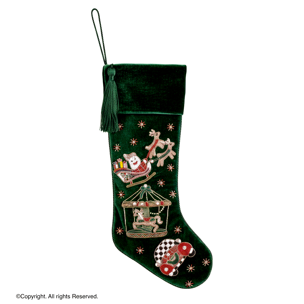 PERSONALISED SANTA HOLIDAY RIDE GREEN VELVET CHRISTMAS STOCKING