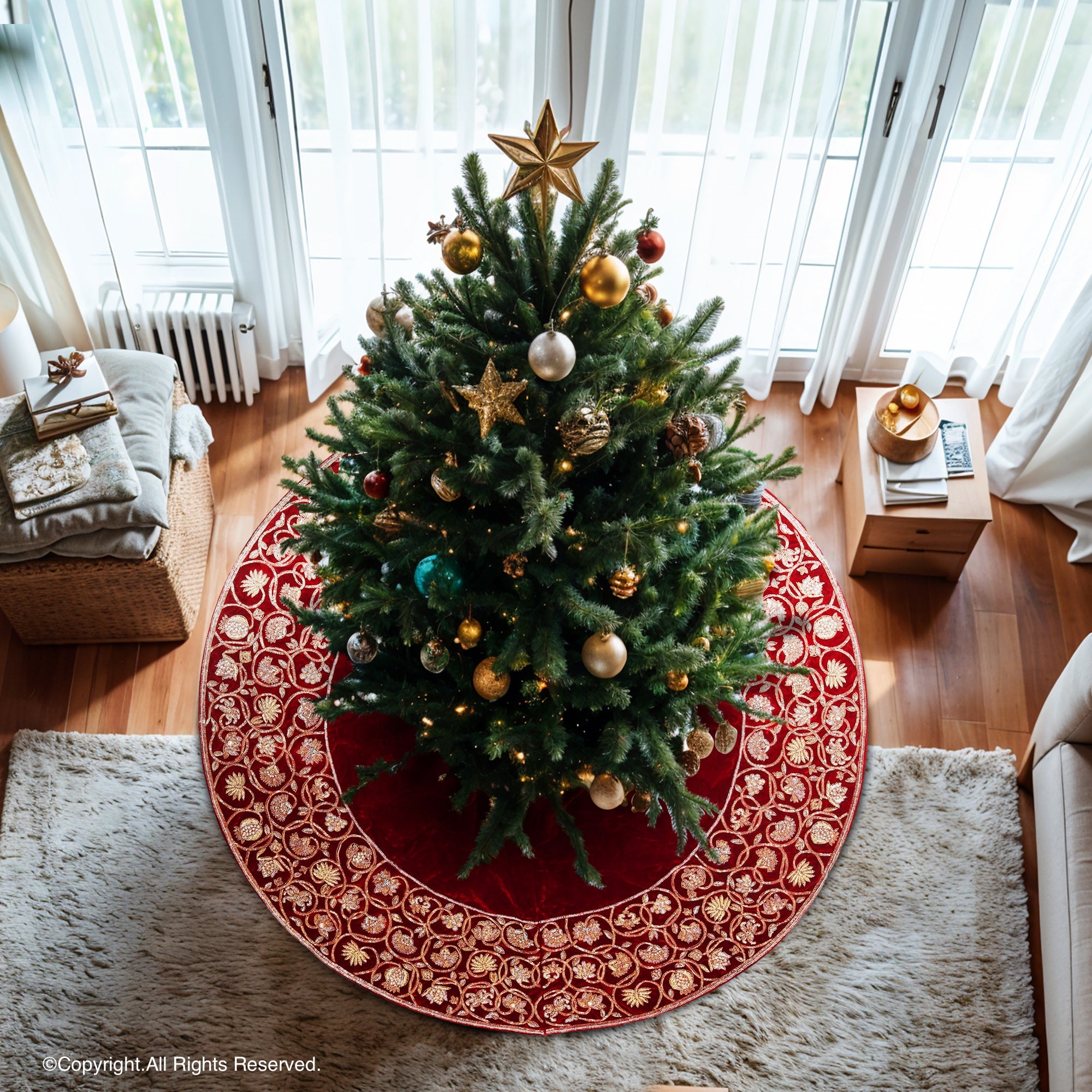 Golden Garland Red Velvet Christmas Tree Skirt