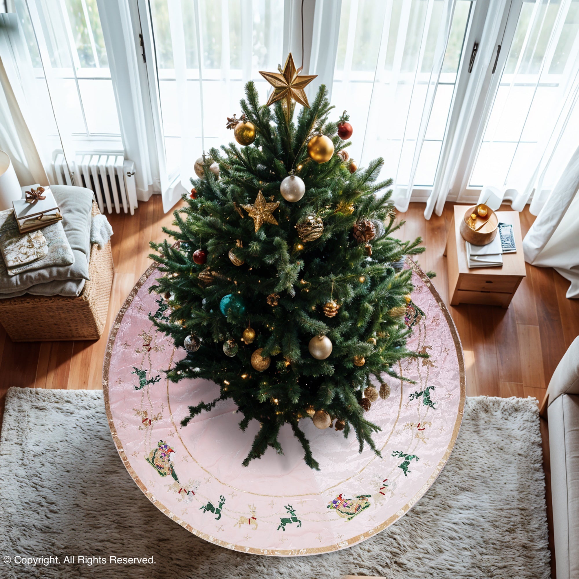 Santa Reindeer Carriage- Pink Velvet Christmas Tree Skirt