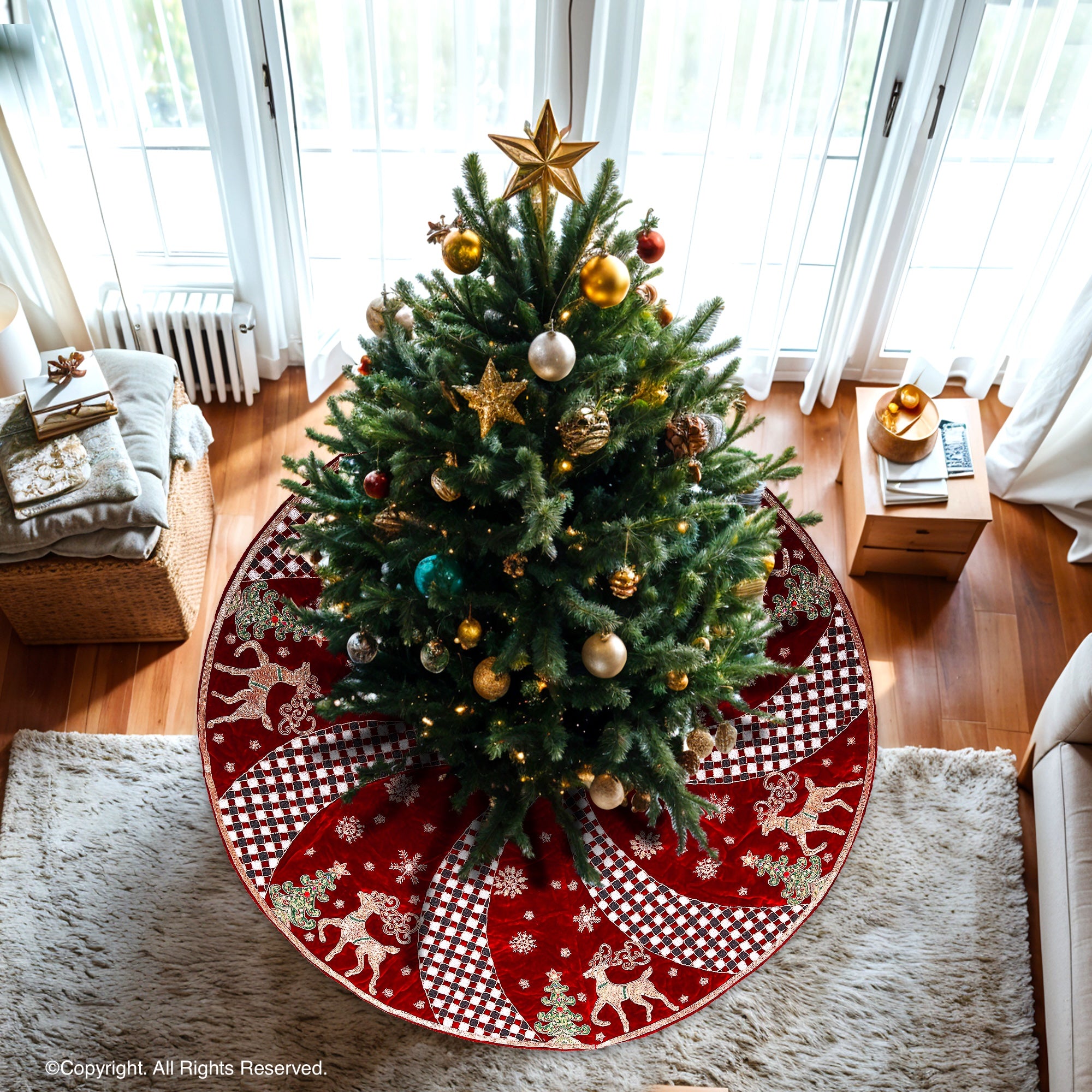 Reindeer Check Parade Red Velvet Christmas Tree Skirt
