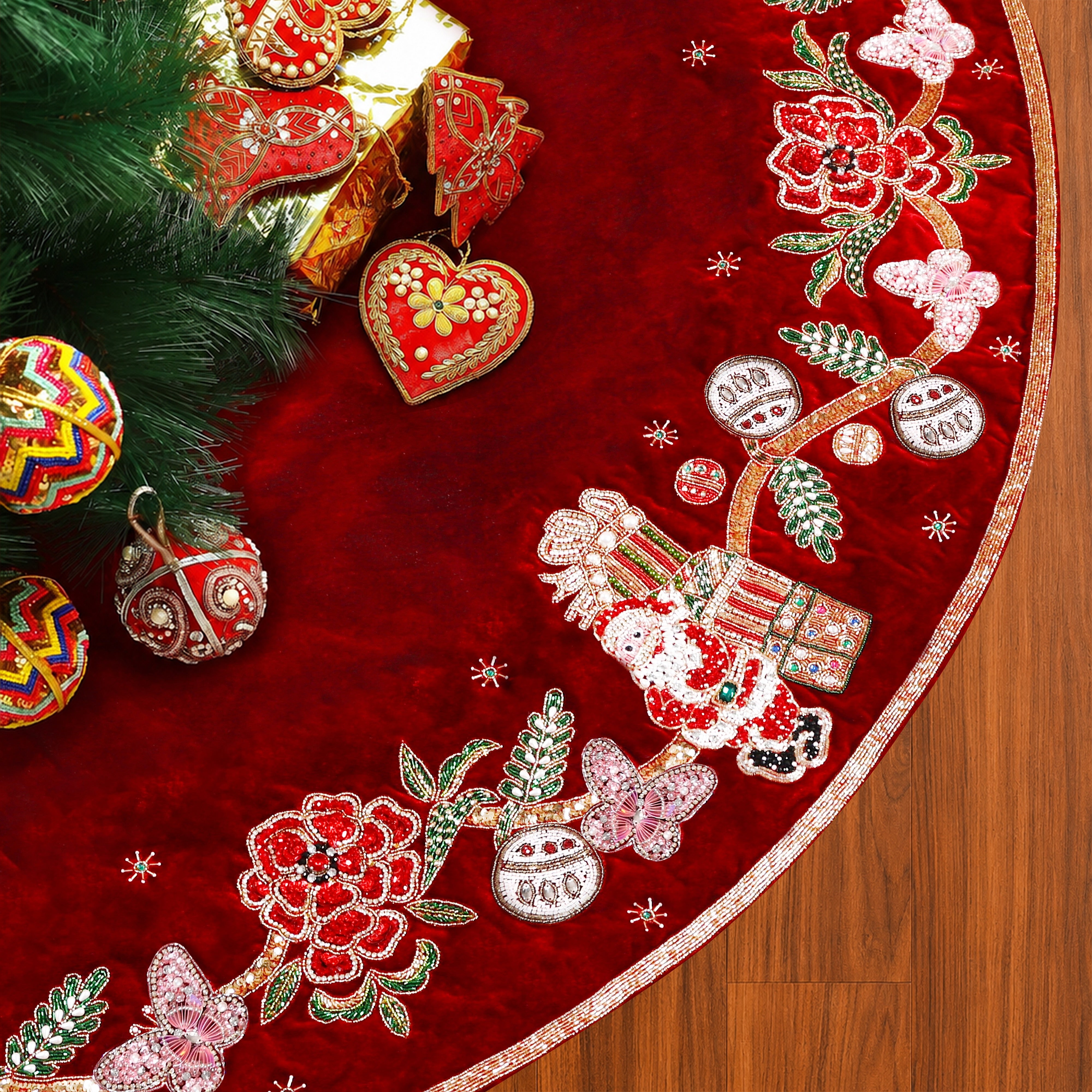 Beaded The Santa Story book Red velvet Christmas Tree Skirt