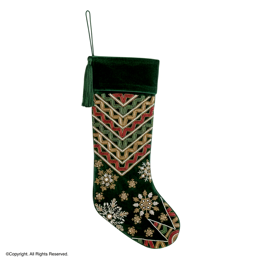 PERSONALISED STARBURST SNOWFLAKE GREEN VELVET CHRISTMAS STOCKING