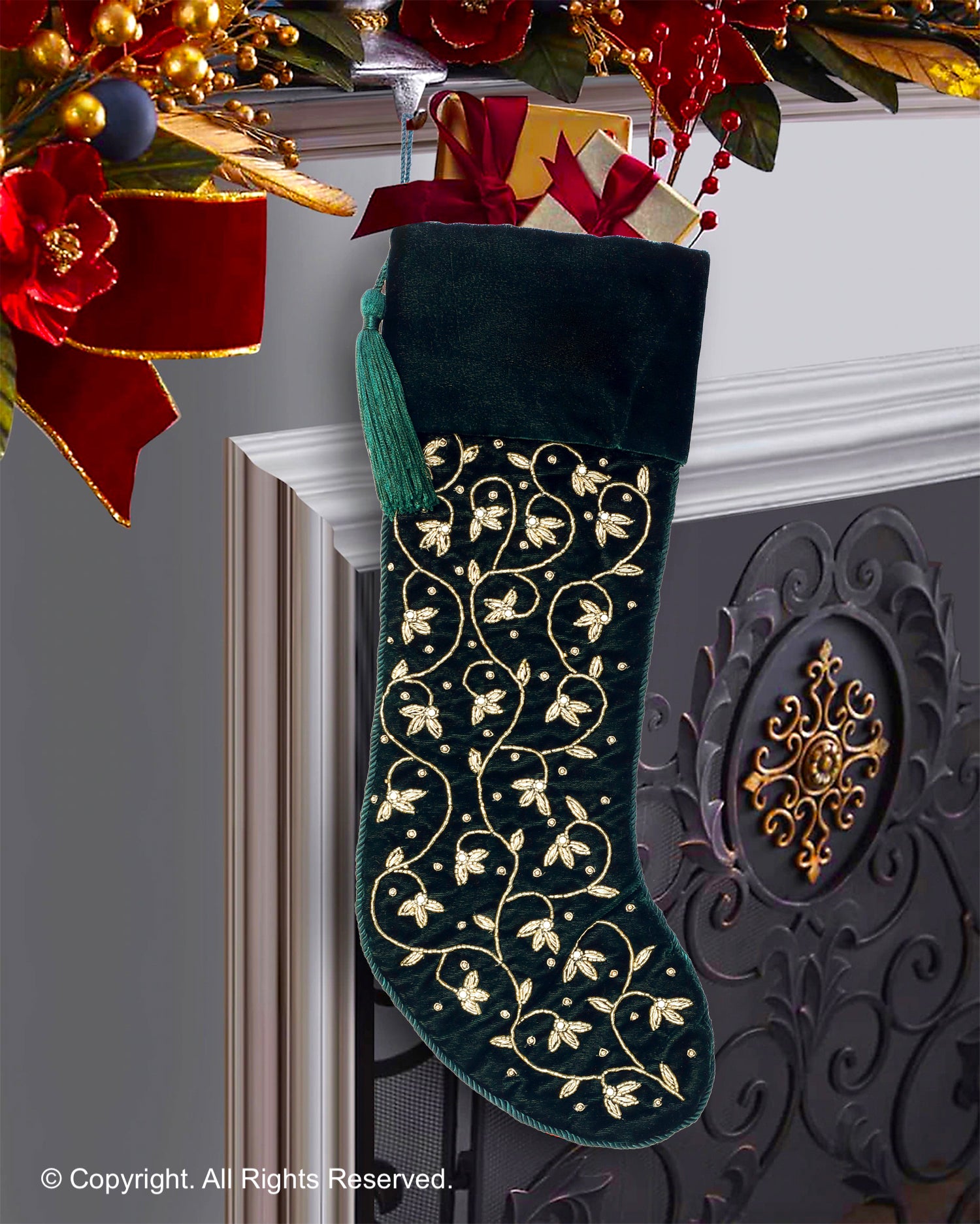 Personalised Intricate leaf Christmas Stocking- Green Velvet Christmas stocking Embroided with intricate leaf