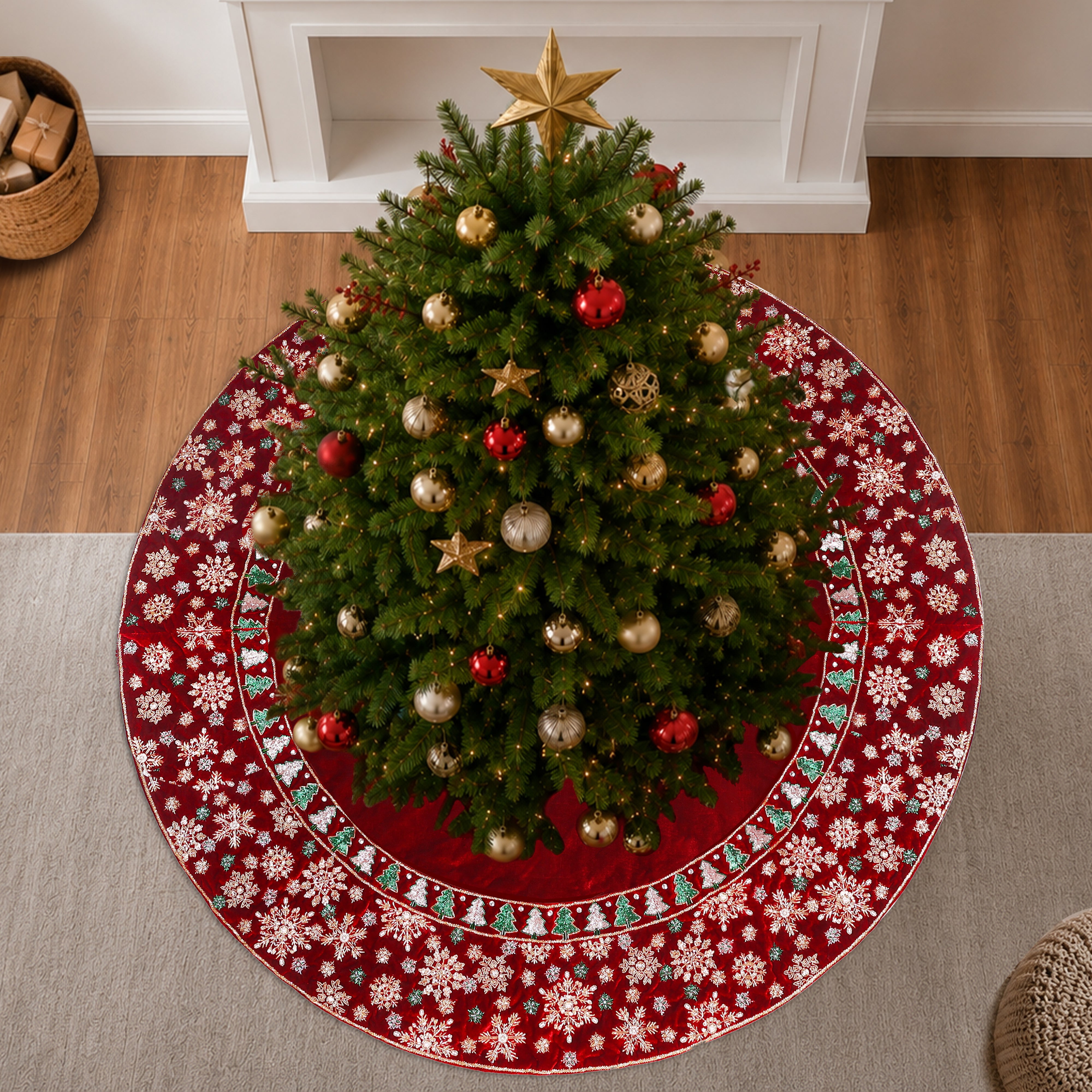 Beaded Snowflakes & Trees Red velvet Christmas Tree Skirt